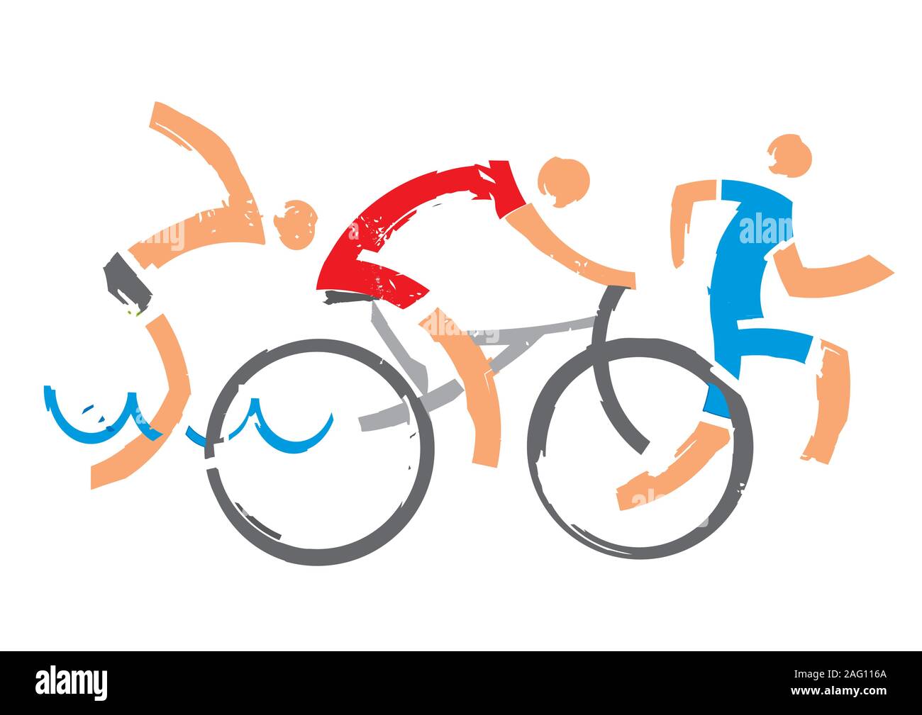 Nuotatore, ciclista, corridore. Tre triathlon atleti stilizzati espressivi. Isolato su sfondo bianco. Vettore disponibile. Illustrazione Vettoriale