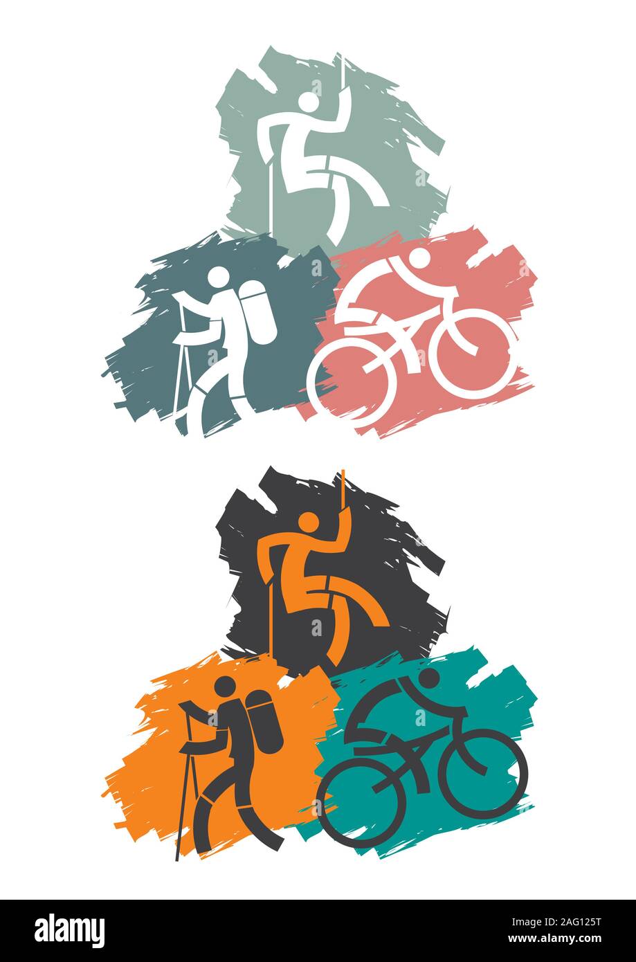 Gli sport outdoor icone. Escursionista, ciclista scalatore ans simboli colorati su sfondo grunge.Due le versioni a colori. Vettore disponibile. Illustrazione Vettoriale