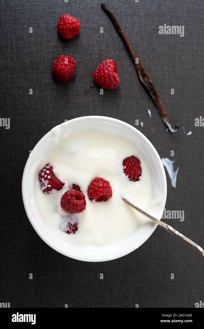 Organici di yogurt alla vaniglia con lamponi freschi Foto Stock