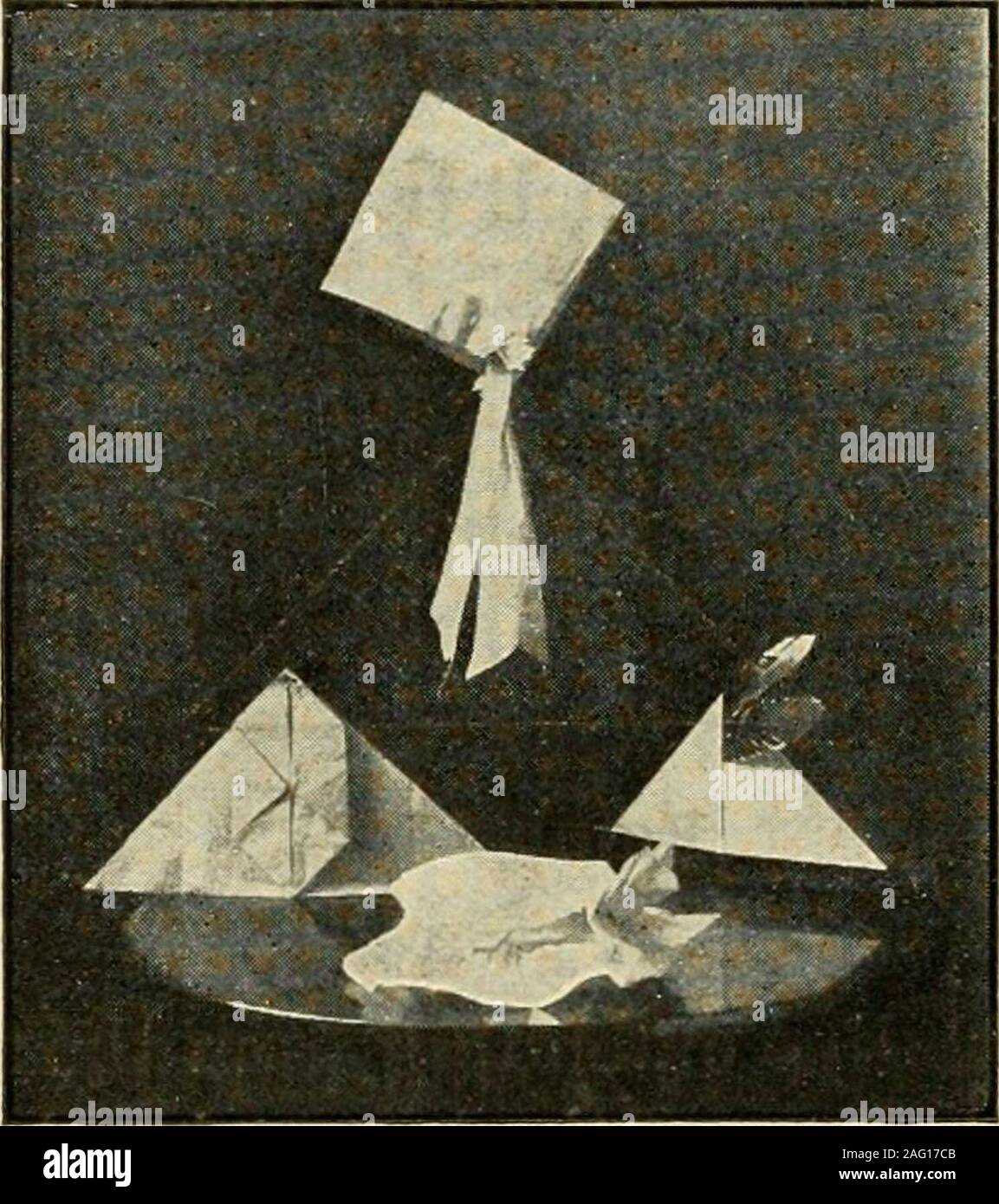 . Suggerimenti per l'artigianato a scuola e a casa. La figura XVI. punto della linea che si estende dal vertice per ilcentro di base del triangolo grande. Theresult per vedere la Figura XVI, che mostra la irreg ular-esagono formato dalla piegatura justdescribed. Questo tappo può essere collocato sulla headwith l'ornamento esagonale sul lato o di fronte per soddisfare la fantasia di chi lo indossa. In FigureXVII i quattro tappi appena descritto sono ritratte.Un quinto cap, formata da overhanding triangularshaped pezzi di rosso, bianco e blu a cambric-gether con lana pettinata e un ago, è veramente il 222 Suggerimenti per il lavoro a mano fav Foto Stock