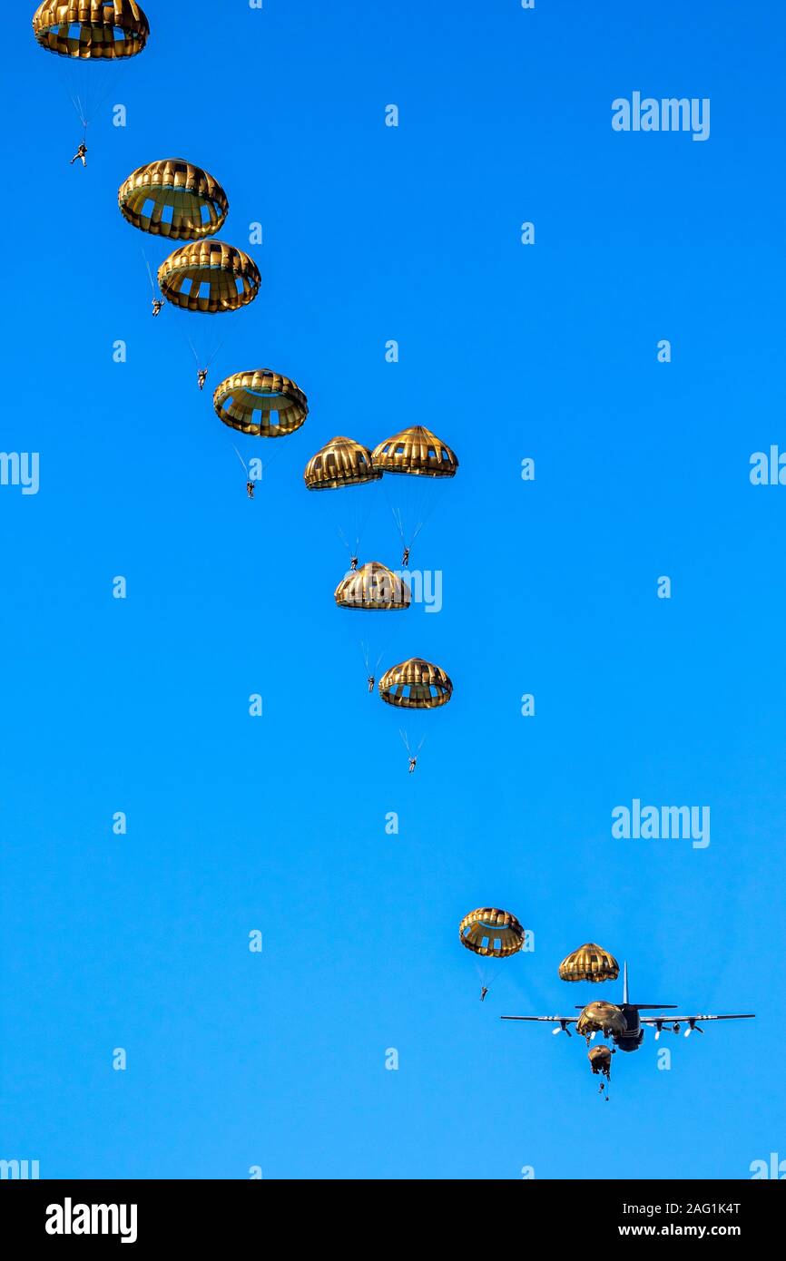 Parachutist militare paracadutisti salta fuori di una forza aerea aereo. Foto Stock