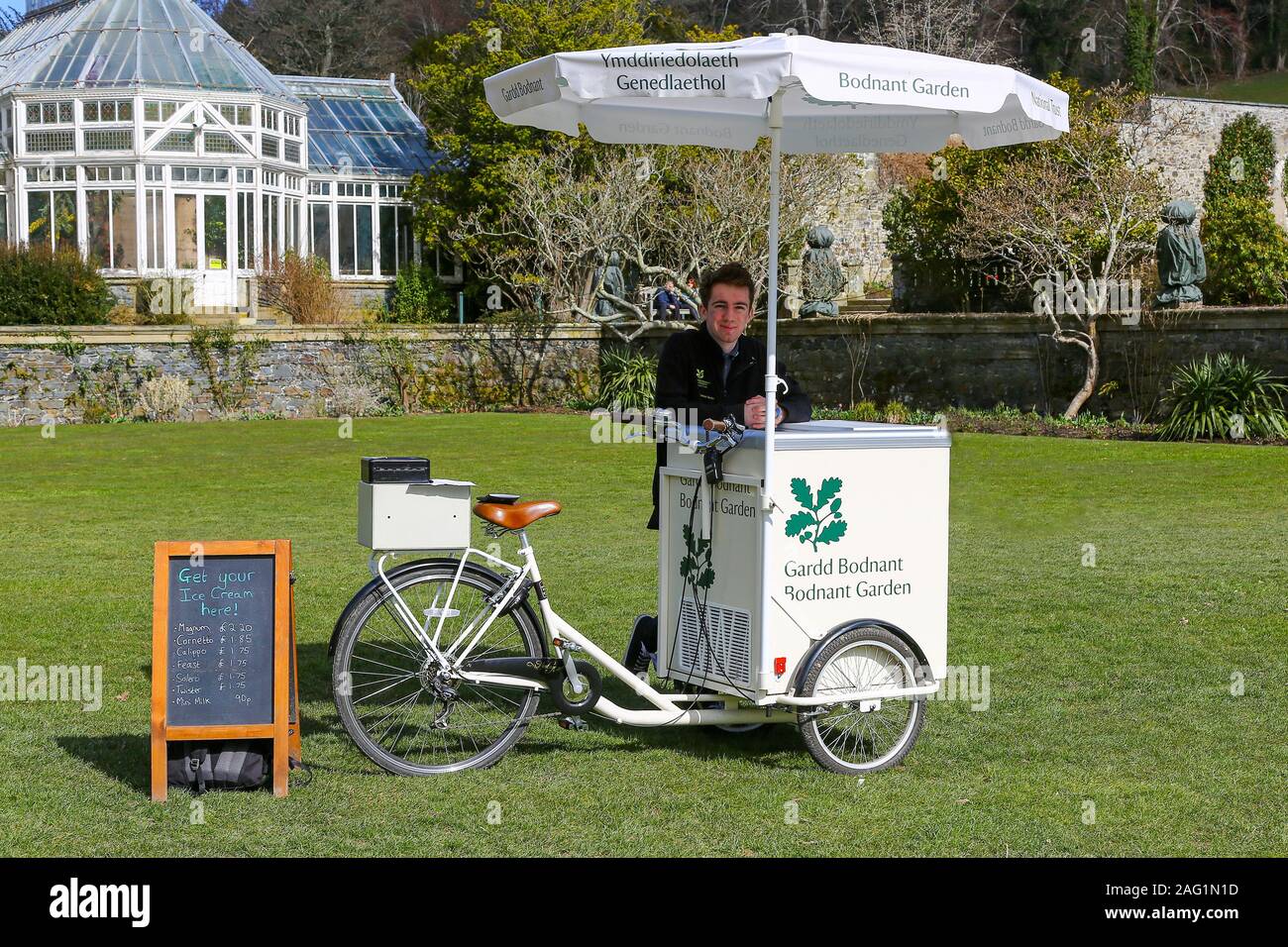 Un giovane uomo di vendere gelati da un triciclo a Bodnant Gardens, Tal-y-Cafn, Conwy, Wales, Regno Unito Foto Stock
