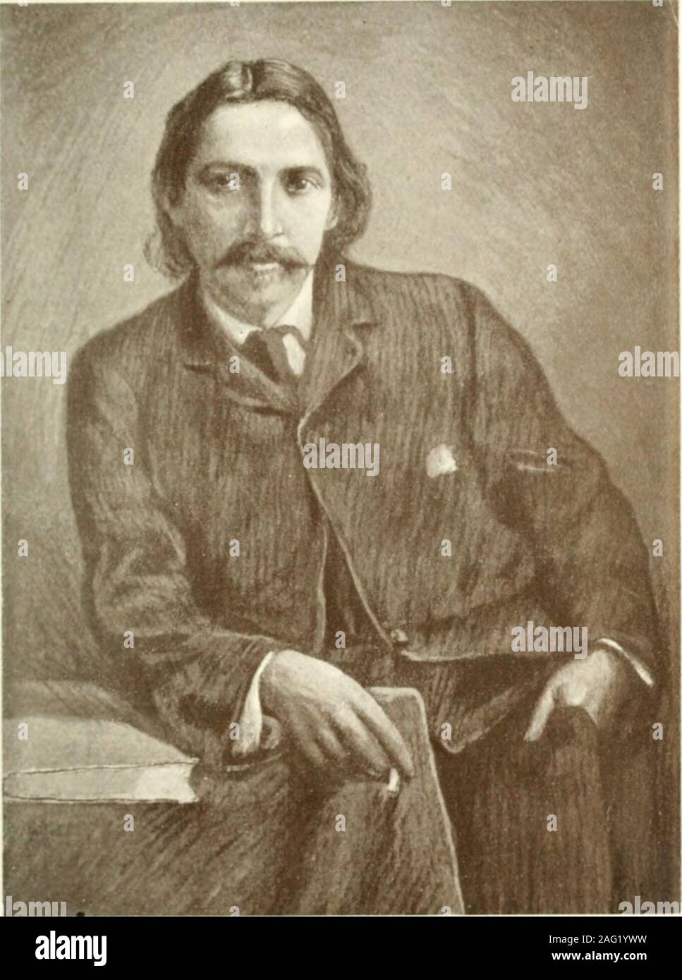 . Stevensoniana; una vita aneddotica e apprezzamento di Robert Louis Stevenson. Edito da scritti di J.M. Barrie e [altro]. medio e pettinati indietro. . Stevenson sat in un angolo di avanzamento della vettura, con il suo cappello e il capo del suo cappotto fino dietro la sua testa come una cappottatura di monaci. La sua in un nuovo cappotto nero di velluto e canotta ha mostrato chiaramente e strada overYork . le sue gambe indossava un bianco e nero scialle controllato.auto. ° il suo collare di Byronic era soffice e disordinato e hisshirt era unlaundered, ma i suoi abiti sono stati scrupolosamente pulite.sulla lunga e sottile, white dita della sua mano sinistra egli woretwo anelli, un Foto Stock