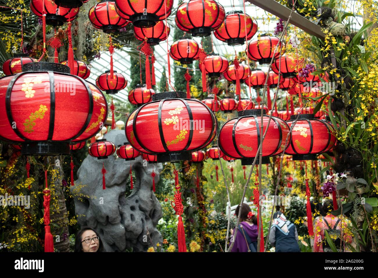 Le lanterne cinesi presso i giardini nella baia, Singapore Foto Stock
