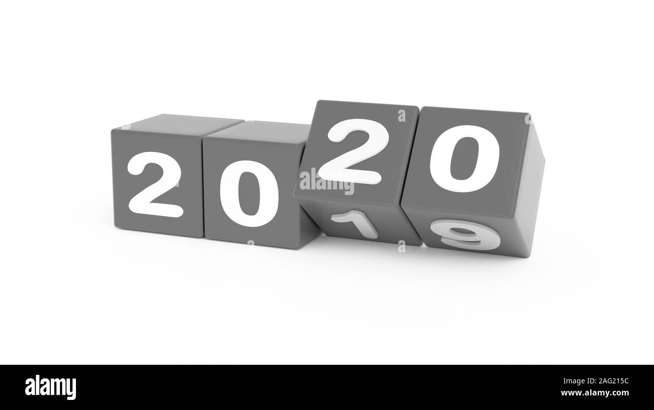 2020 Anno nuovo cambiamento, girare a. 2020 inizio 2019 fine, dice isolata contro uno sfondo bianco. 3d illustrazione Foto Stock
