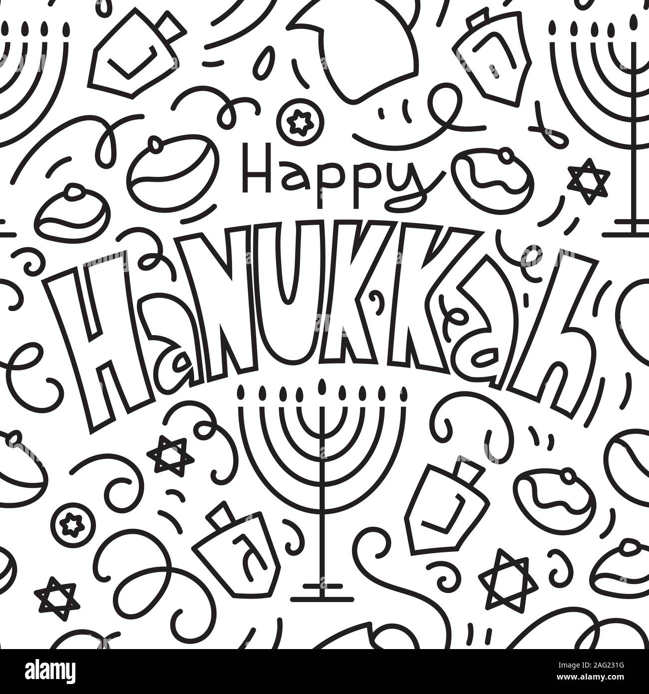 Happy Hanukkah Seamless Pattern sfondo. Simboli per le vacanze: menorah (candelabro), candele, ciambelle, dreidel. Happy Hanukkah. Illustrazione Vettoriale disegnato a mano stile scarabocchi. Illustrazione Vettoriale Happy Hanukkah Seamless Pattern sfondo. Simboli per le vacanze: menorah (candelabro), candele, ciambelle, dreidel. Happy Hanukkah. Illustrazione Vettoriale disegnato a mano stile scarabocchi. Illustrazione Vettoriale