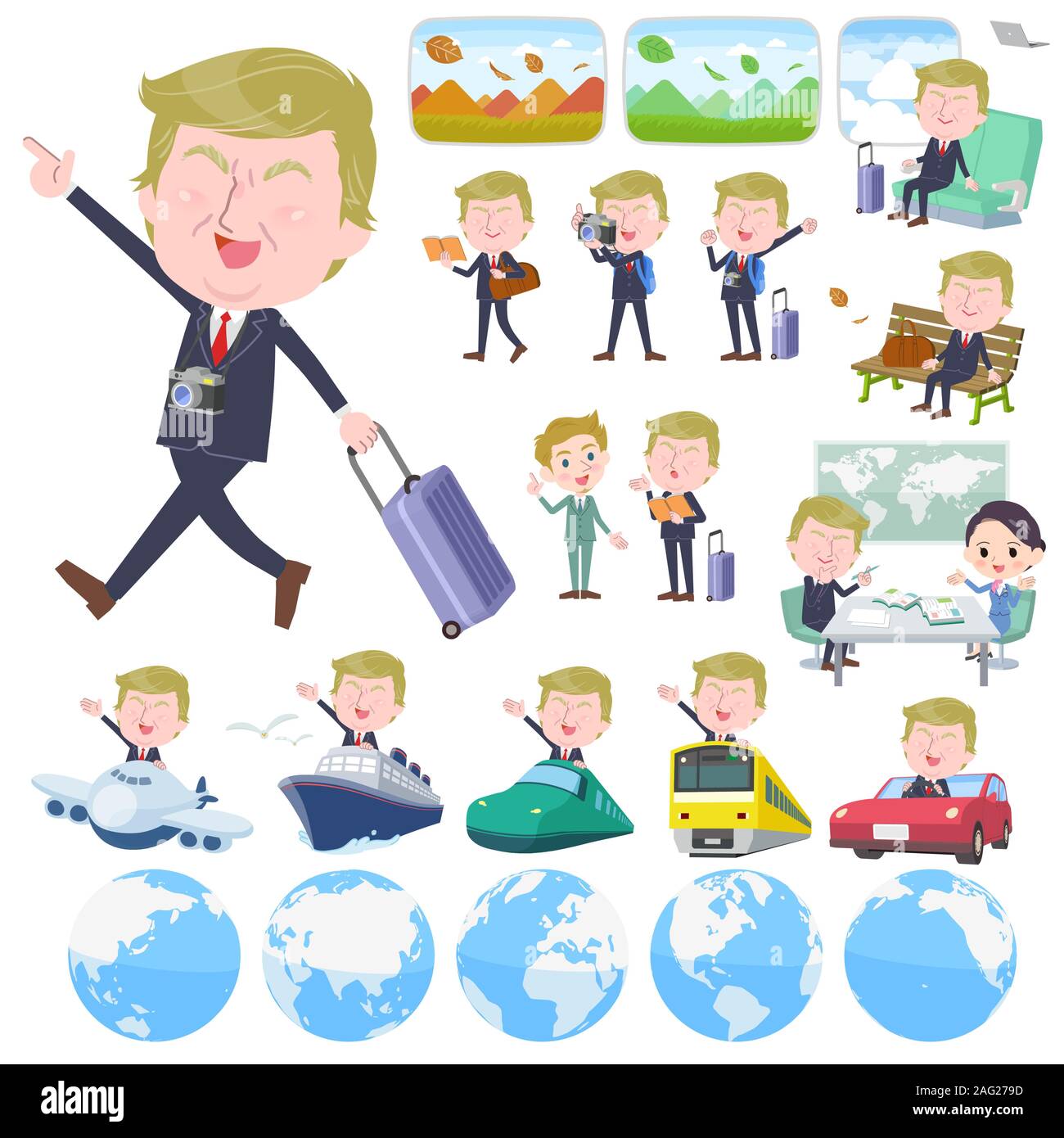 Un set di capelli biondi gli uomini anziani sul viaggio.Ci sono anche i veicoli come le navi e aerei.it vettore dell'arte così è facile da modificare. Illustrazione Vettoriale