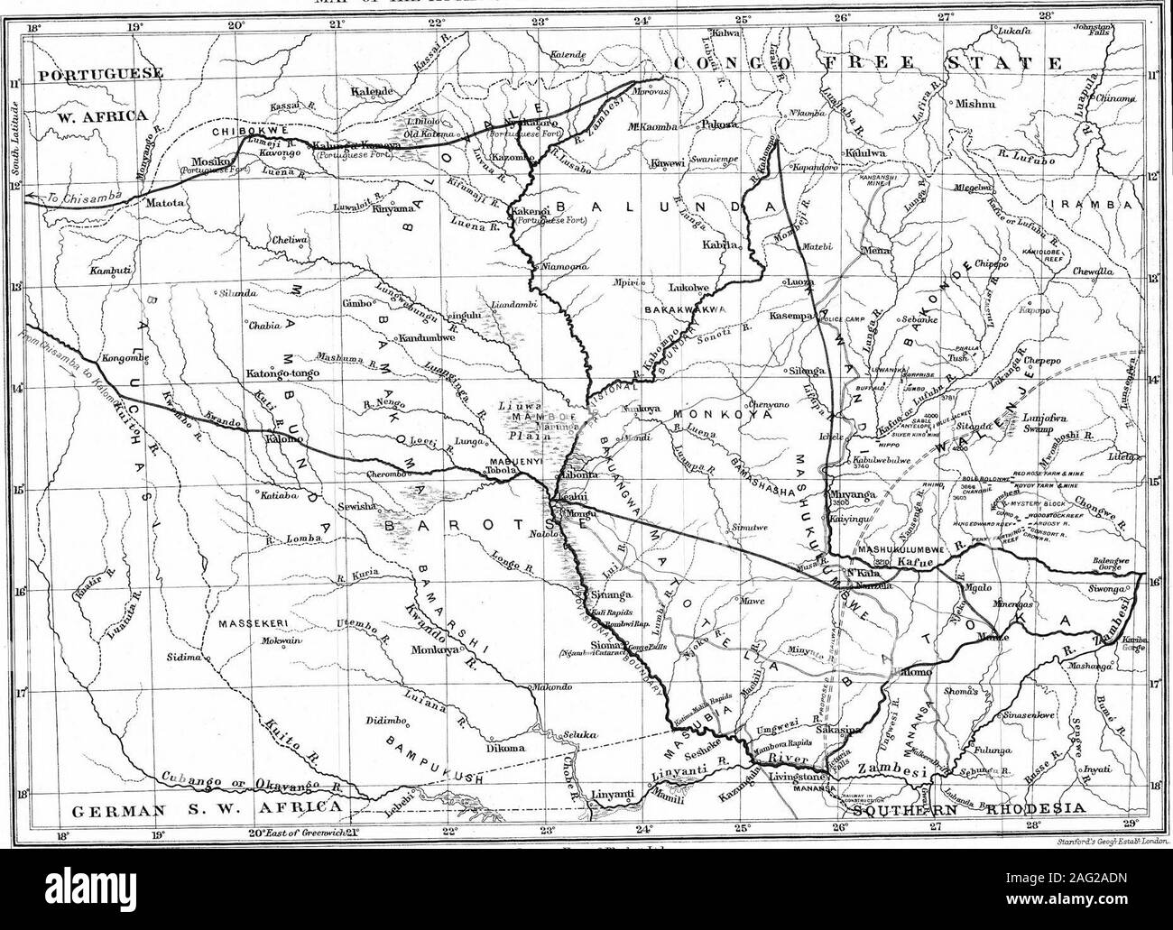 . Nelle zone più remote Barotseland; essendo un account di un cammino di oltre 8 mila miglia attraverso la più selvaggia e le parti più lontane di Lewanika empire. RCE, 149-51, la scoperta del truesource, 149, la sua descrizione, 150;viaggio di ritorno della spedizione,151, incessante wet weather su,145, kraals visitato "" percorso 155et seq, difficoltà di procuringguides, 156 et seq, il friendlySamogala, 161, guai withSasas boys, 165-7, lettera andcomforts ricevuto al Luachiariver, 167, la fine della ex-pedition, a Nyakatoro, 170,risultati geografica stessa, 126,171-2 cade su, vedere Makesh, Sapuma, andVictoria Foto Stock