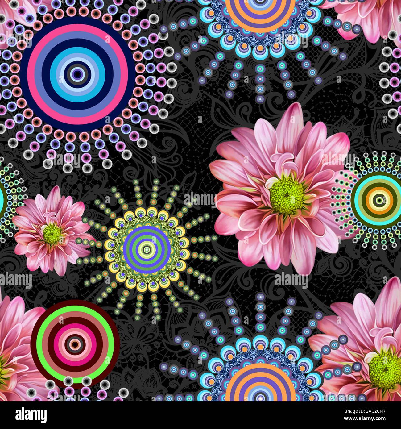 Fiori di colore rosa pattern con le tradizionali forme geometriche su grigio sfondo floreale. Seamless design alla moda. - Illustrazione Foto Stock
