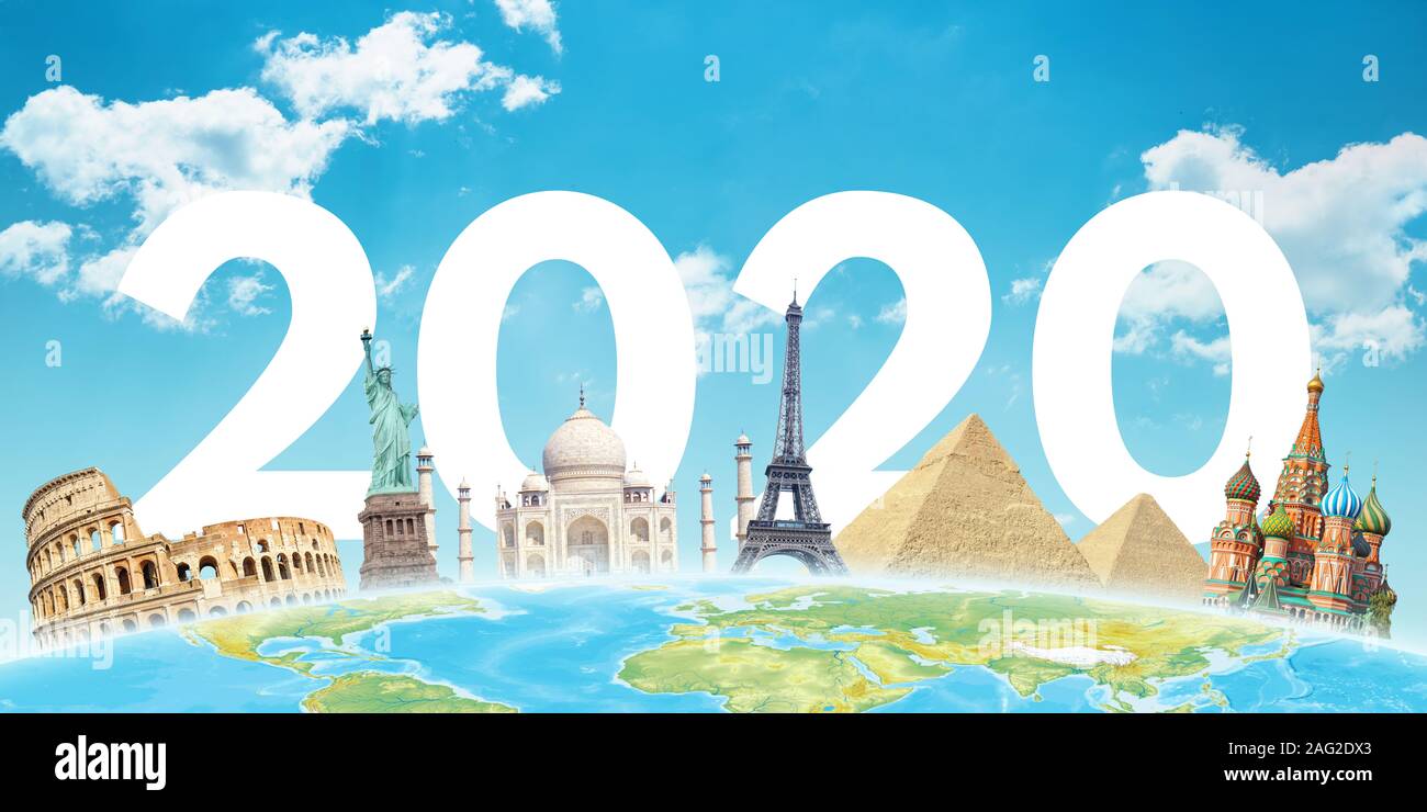 2020 anno scritto dietro il mondo famose attrazioni. Felice Anno Nuovo 2020 il concetto di saluto Foto Stock
