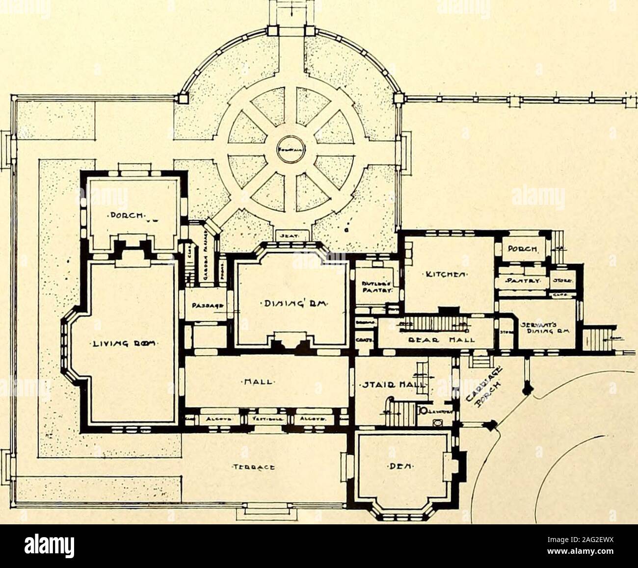 . American case e giardini. ound, vitigni andmany scalata wallsadd notevolmente l'attrattiva della casa, i cui spazi di parete hanno bisogno di questa funzionalità in inglese.it non è sempre facile per un architetto di persuadere un clientthat una casa può possedere più di una anteriore, ma in questo esempio può essere detto che vi sono tre, per a oneside le finestre si affacciano su un ampio terrazzo, mentreil camere in corrispondenza del lato opposto della casa si affacciano su un giardino circolare murata in conun tall siepe e disposti moda informale con manyflower-letti e strette pathswhich irradiano da una fontana.Il carrello entranc Foto Stock