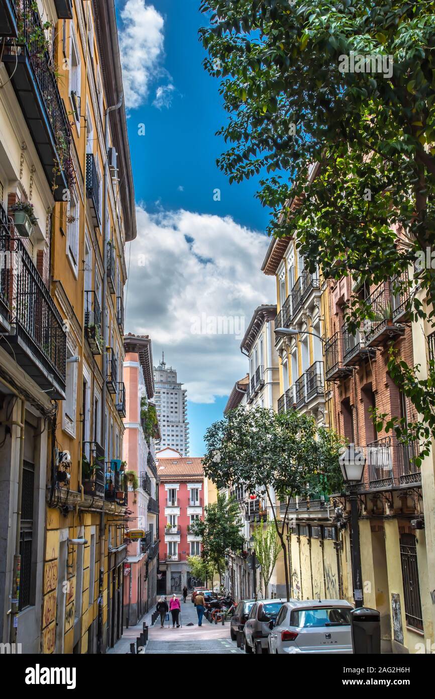 Madrid, il caratteristico quartiere di Malasana, un luogo frequentato da artisti che dipingono bellissimi murales Foto Stock