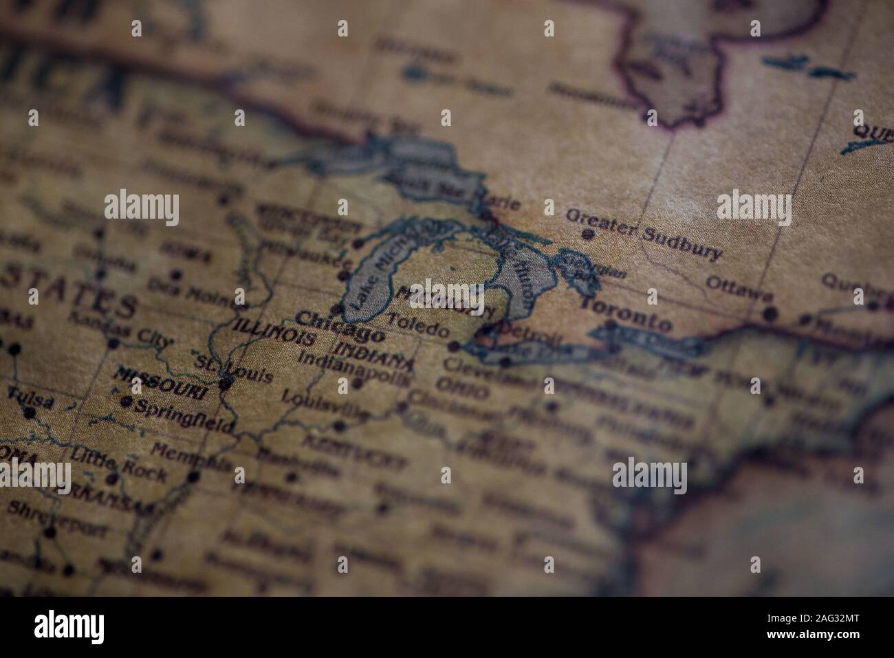 Primo piano del Michigan state su una mappa vintage Foto Stock