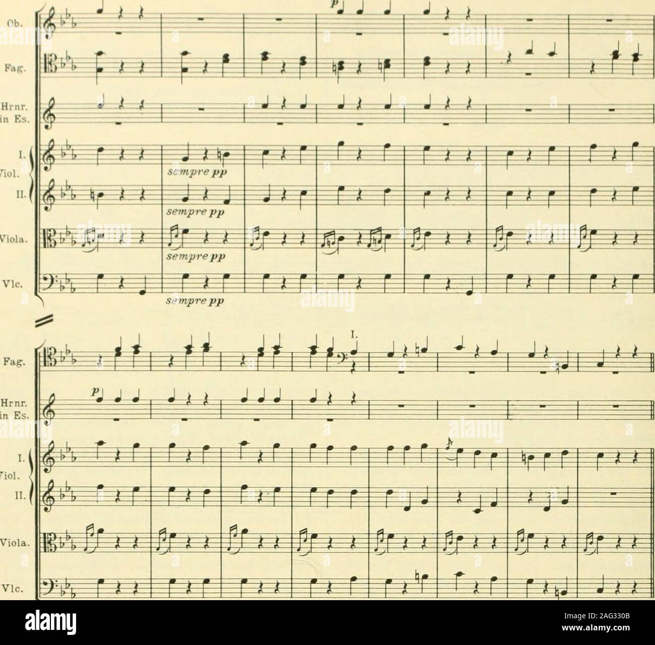 . Instrumentationslehre, von Hector Berlioz. Ergänzt und rev. von Richard Strauss. Edition Peters.. Dagegen hat Meyerbeer für die Auferste-hung der Nonnen in "Robert der Teufel durchdie schlaffen Töne der mittleren Tonlage der Fa- gotte die bleiche, kalte, leichenartige Tonfärbungerzielt, die er haben wollte. (Partiturbeispiel 76.) n. 76. Robert der Teufel, Akt IE. Meyerbeer. Andante. Fa?.(Solis.) Foto Stock