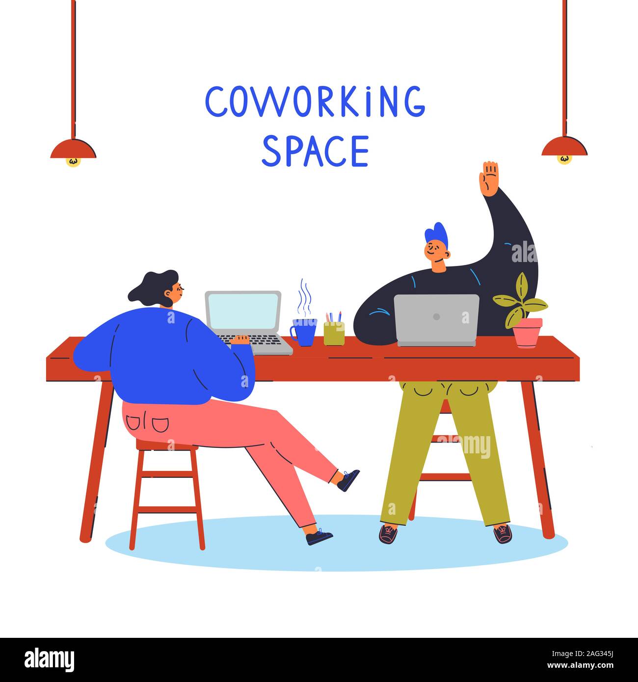 I giovani in coworking space.Co-NOZIONE DI LAVORO Illustrazione Vettoriale