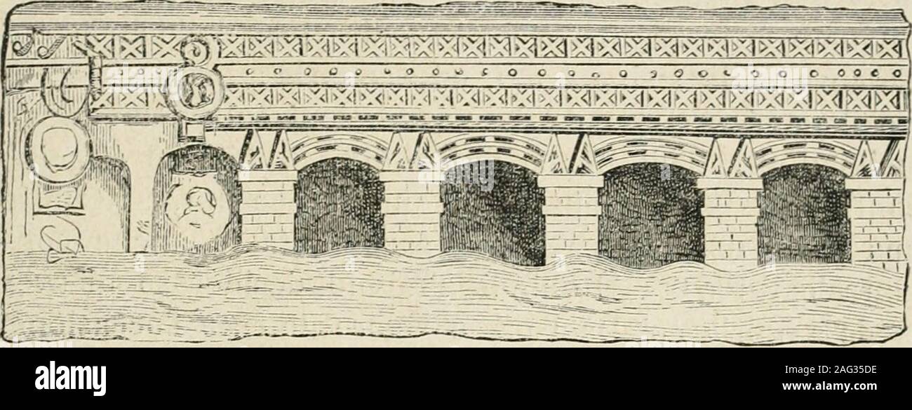 . Storia dell'Italia antica. el ponte venire esistevano alla fine del secolo XVII sono fi-gurati e descritti nei volumi I, tab. 16, e II, pag. 25 e segg., tab. 10-15.Lautore fino dallanno 1700 avea pubblicato il Banubialis operix pro-dromus. Diamo il disegno dei ruderi delle pile venite furono osservati noi 1858,quando le acque erano più basse del solito, e Timagine dellopera comevedesi tendere bassirilievi della Colonna Traiana e nelle medaglie da cui ap-pariscono costrutti di legname il pianoforte, le vòlte e ì ripari laterali delponte sostenuti dalle colossali pila di pietra. 1 Plinio, Epist.. vili, l; Foto Stock