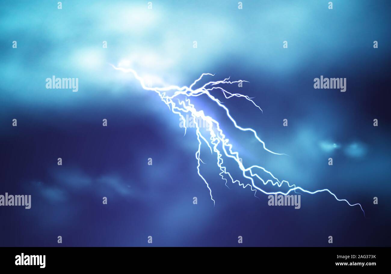 Realistico effetto fulmini isolato su un blu scuro sfondo con cielo nuvoloso. Illustrazione Vettoriale Illustrazione Vettoriale