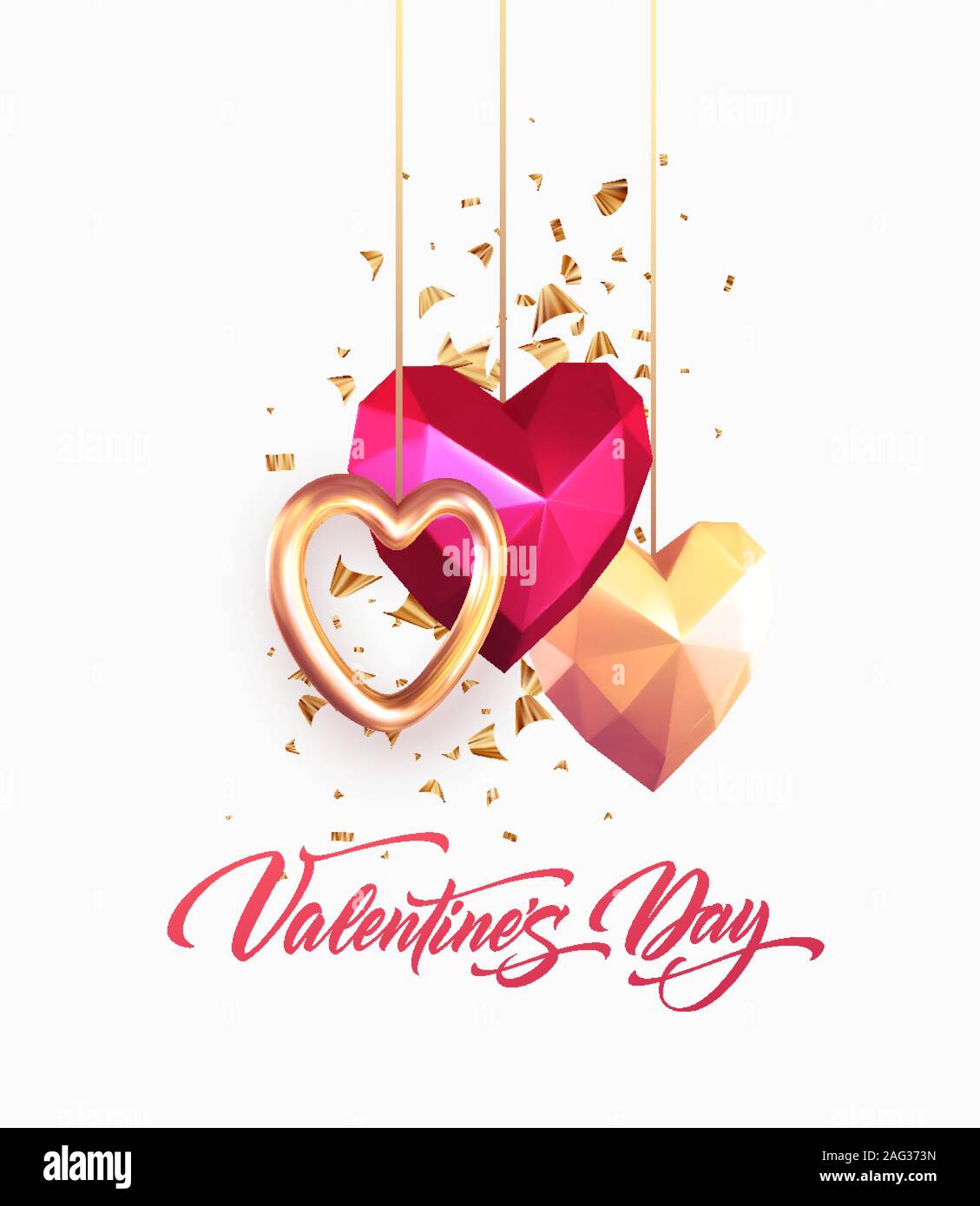 Il giorno di San Valentino festa con sfondo realistico oro metallizzato e rosso rubino bassa poli di cuore. Lettering Valenetine giorno. Illustrazione Vettoriale Illustrazione Vettoriale