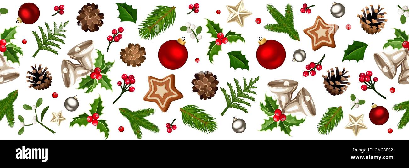 Vector Christmas orizzontale sfondo senza cuciture con palle rosse e d'argento, campane, holly, mistletoe, stelle, pinecones e rami di abete verde. Illustrazione Vettoriale