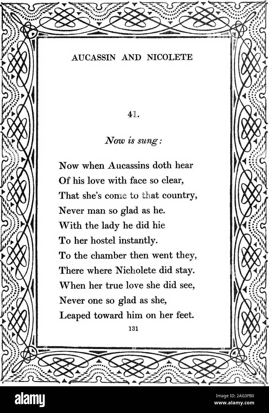 . Aucassin e Nicolette;. nuovo pozzo che itwas Nicolete e che ella hadbrought lei ed ella aveva herwashed e bagnata e reso herstay vi otto giorni interi, e shetook erbe il cui nome era esclaire, e unse se stessa withit e lei era bella come shehad mai stato su qualsiasi giorno. Andshe guarnito di se stessa in ricchi vestiti 129 17 .^Wr* ? &Gt;stv?v: ^-?--.1 f s-J-*L T V^C.^ Pjiij m*j AUCASSIN E NICOLETE di seta, di cui la signora aveva store,e si sedette nella camera sul materasso aquilted di panno di seta andcalled la signora e le ha detto di gofor Aucassin il suo amore. E shedid così. E quando s Foto Stock