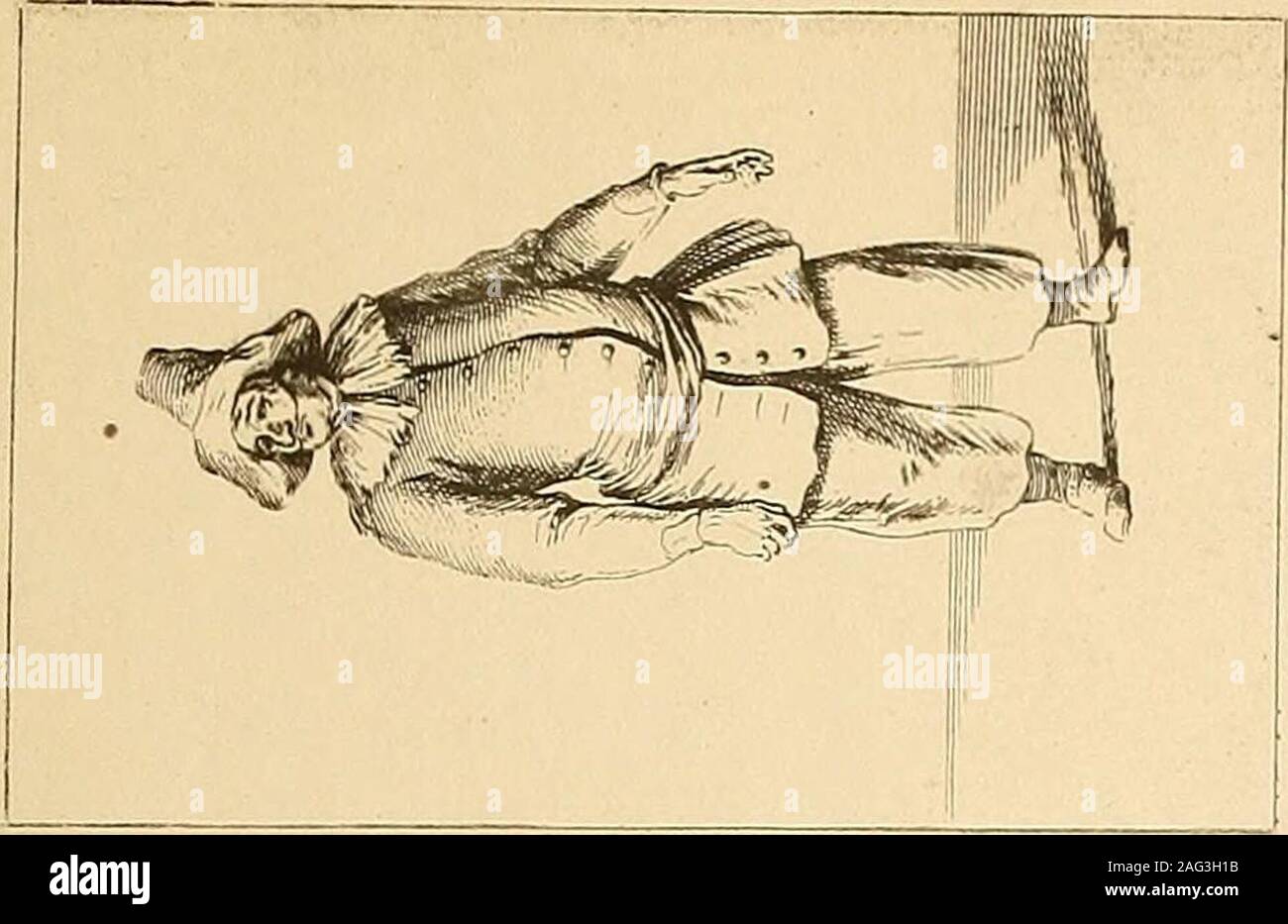 . Geschichte des Kostüms. mittente "italienische Capitano durch Fig. 7 dargestellt wird. Dagegen ist Fig. 8 der Spanische Kapitän, nachdem die in der Kostümgeschichteso modebestimmende "spanische Tracht (vgl. Testo 150) auch auf dieitalienische Komödienbühnc, durch diese tipo, gekommen guerra. Daszum großen Teil unter habsburgisch-spanischer Herrschaft stehende Italiendes 17. Jahrhunderts sah gerne im Platthumor dieser Bühnengattungdie militärischen Träger der Fremdherrschaft verspotten. Infolge derÜbertragung nach Frankreich und unter dem Einfluß der zeitlichenWeiterentwicklung der Mode zeigen sich Foto Stock