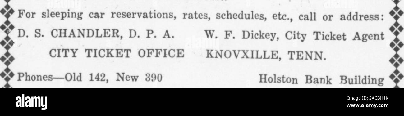 . Highland Echo 1915-1925. ^KX UNIONE VITA CENTRALE CINCINNATIJ. H. Newman, agente speciale s" come 200 E. Tennessee Bank Bldg. Knoxville, Tennessee ^ t i TT TT t Lv, t i ?!? T TTTtT Knoxville 12:29 mezzogiorno Ar. Louisville 9:00 p. m. t arrivare Cincinnati 9:00 p. m. ^ ^Lv. Knoxville 10:50 p. m. Ar. Louisville 7:40 a. m. ^ X arrivare Cincinnati 7:45 a. m. J VLv. Knoxville 5:50 a. m. Ar. Atlanta 11:40 a. m. V ?&GT;Lv. Knoxville 4:37 p. m. Ar. Atlanta 9:55 p. m. "? Linea breve TOCINCINNATI, Louisville, Atlanta arrivano Jacksonville 8:30 a. m. ?!? 4 Y a basso costo del viaggio di andata e ritorno il turismo invernale in vendita i biglietti per tutti i punti "? Z i Foto Stock