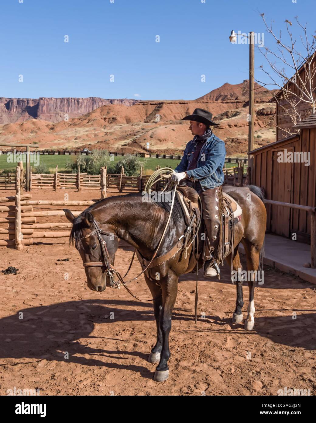 Un cowboy wrangler con il suo lazo su un ranch vicino a Moab, Utah. Egli indossa chaps in pelle per proteggere le gambe dalla spazzola spinosa mentre in sella alla gamma. Foto Stock