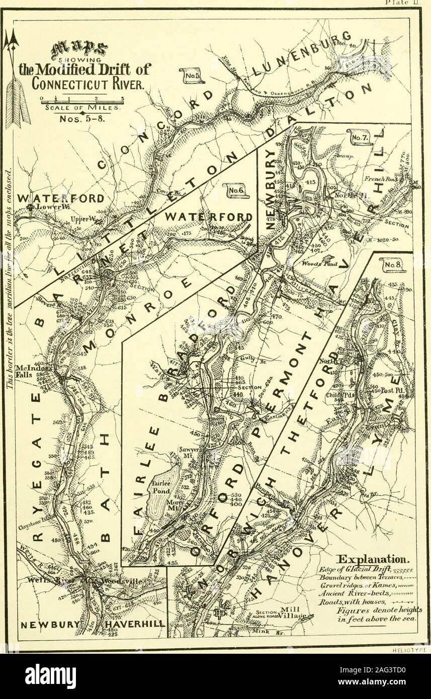 . La geologia del New Hampshire : una relazione contenente i risultati delle esplorazioni ordinato dal legislatore. Le evidenti caratteristiche della valle in questa distanza sono, che è deepand stretta, con i lati inclinati di fino e bisognosi del livello alluvialterraces e intervalli che occupano una grande larghezza ovunque alongthe fiume. Nel caso in cui qualsiasi deriva modificato non si verifica, che è più grossolana rispetto al solito,essendo generalmente ghiaia, a volte arrotondati in modo imperfetto o acqua-usurati, edella sua superficie ha comunemente un pendio irregolare. La porzione superiore di theserapids è particolarmente bisognosi anche di tali depositi alluvionali d Foto Stock