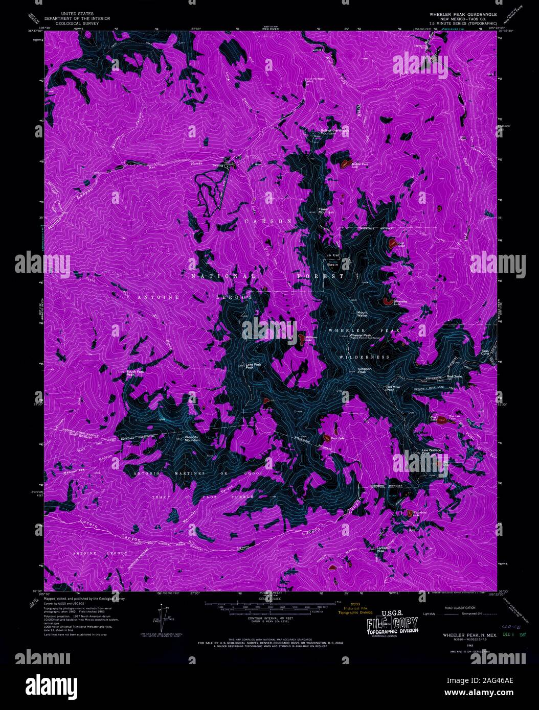 USGS TOPO Map New Mexico NM Wheeler Peak 193561 1963 24000 Restauro invertito Foto Stock