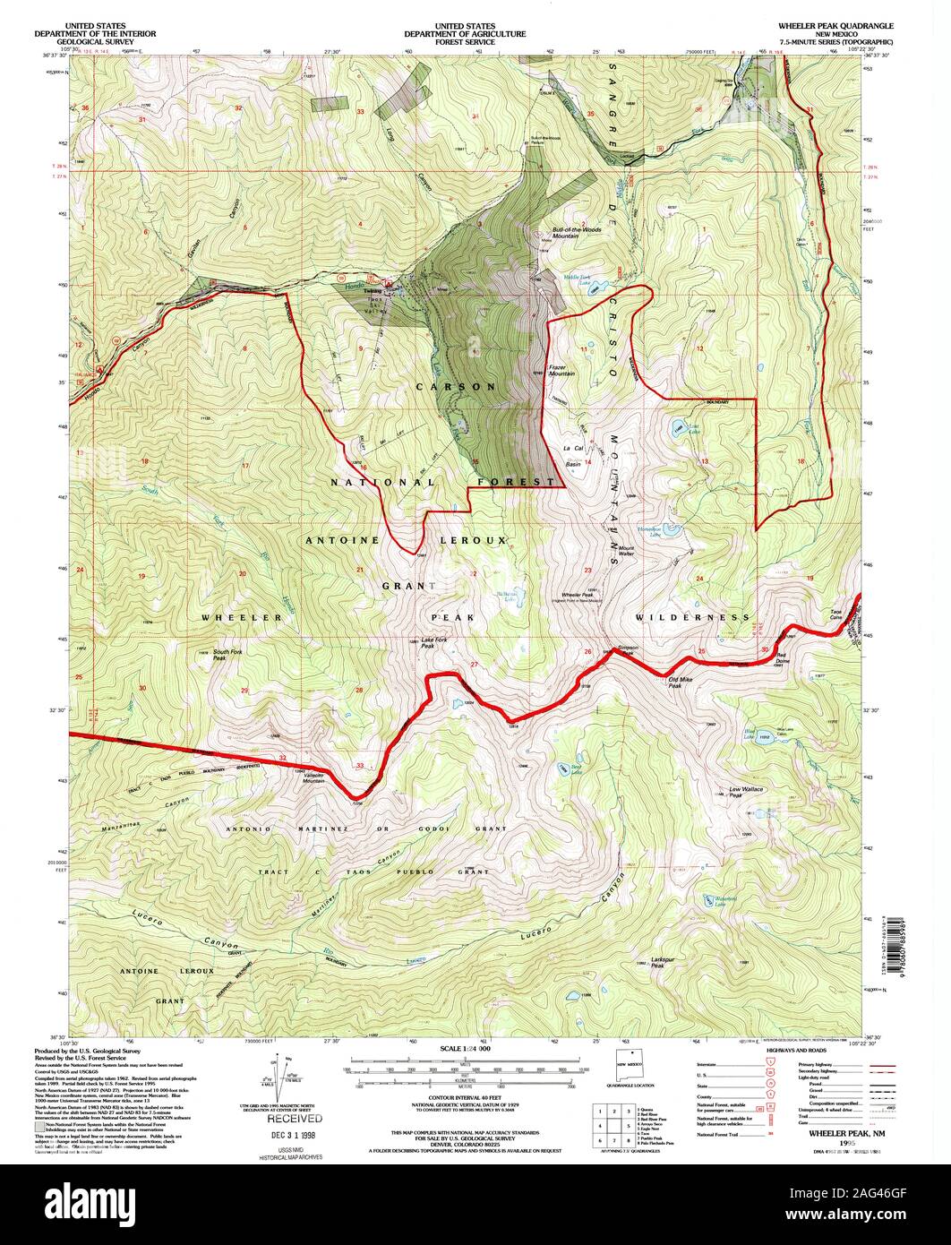 USGS TOPO Map New Mexico NM Wheeler Peak 194720 1995 24000 Restauro Foto Stock