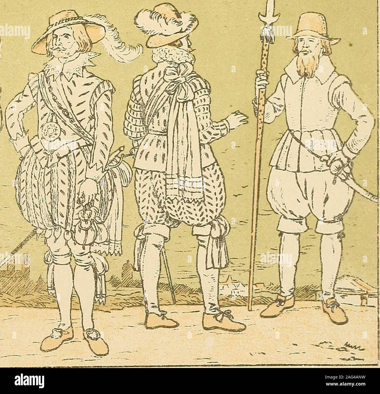 . Geschichte des Kostüms. 0^  •?•:&GT;?&LT; niu!?;£.?"&LT;*?-. DEUTSCHLAND GERMANIA 1600-"625 ALLEMAGNE CÄDRUCKT UND VERLEGT BEI ERNST WASMUTH A--G.. BERLIN ^^lDEUTSCHLAND DREISSIGJÄHRIGER KRIEG 6 7 8 9 10 Die Tafel setzt die vorhergehenden fort und fügt einige beteiligte fürstlichePersonen, entnommen zeitgenössischen Gemälden, in ihrem Feldkostüm hinzu. Fig. . Wallenstein. Fig. 2. Kurfürst Johann Georg I. von Sachsen. 1631. Fig. 3. König Gustaf Adolf. Fig. 4. Offizier. Aus den dreißiger Jahren des Jahrhunderts. Fig. 5. Höherer Offizier. 1632. Fig. 6. Musketier mit Gabel (Zielgestell), die dan Foto Stock