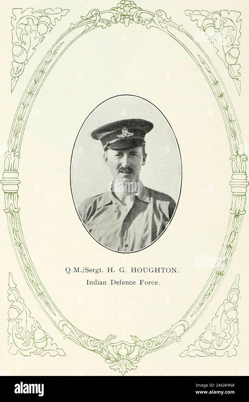 . Registrazione del partner, personale e operatori che hanno partecipato alla Grande Guerra, 1914-1919. er in Egitto e Palestina, essendo woundedat la battaglia di Gaza, 13 Novembre, 1917. Capt.Robertson per due volte è stato menzionato in spedizioni. yip Lieut*. J, U, T. Shuttleworth, 31 Duca di Connaughts proprio Lancieri (esercito indiano). Lieut. Shuttleworth ha aderito al Sind volontario Riflesin 1915, ma trasferita nel novembre 1916, per l'esercito theIndian Riserva di ufficiali, e fu attachedto il trentunesimo Lancieri che erano poi a Kohat, N.W.F.P.nel gennaio 1917, il reggimento fu trasferito toBannu, N.W.F.P., e divenne parte del Foto Stock