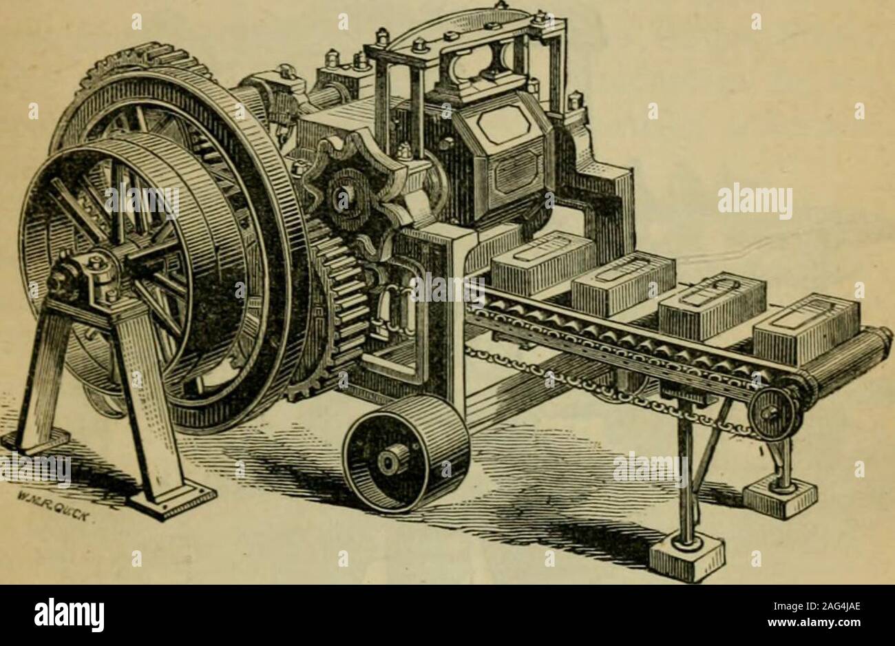 . La pratica di mattoni e piastrelle libro. il caso dell'compressingplunger. Questa macchina (fig. 15), oggetto di una domanda di brevetto, comprendeuna dalla Whitehead di Preston; funziona su tem-pered argilla. I meriti rivendicato per esso sono costituiti insimplicity di costruzione e prestazioni eflUcient.La posta indesiderata di argilla o mattoni possono essere precedentemente moldedas per altre macchine di pressatura, ma con questa macchina itis non assolutamente necessario a stampo in precedenza il grumo,se solo argilla sufficiente essere forniti per rendere un mattone, andbe semplicemente poste nella parte anteriore del pistone ; esso è quindi forcedinto lo stampo o matrice (di cui vi sono Foto Stock