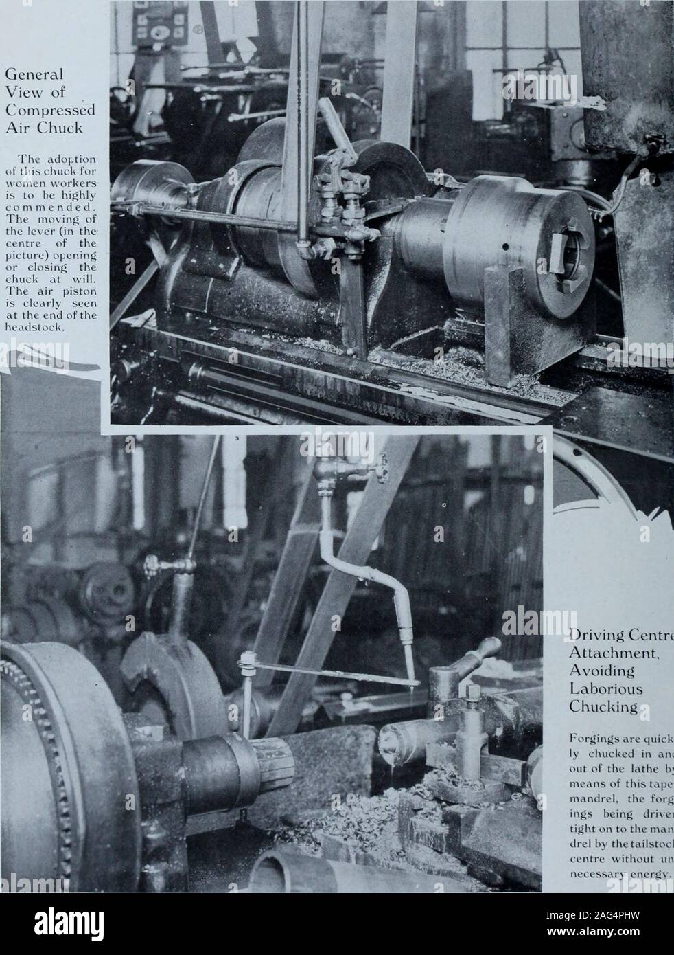 . Le donne nella produzione di munizioni in Canada. Base di finitura di adattatore 3 G 3 G M 56 4,5 e 8 pollici di gusci Sezione 4 m ^ GeneralView ofCompressedAir Chuck Il adoptionof questo chuck forwomen workersis per essere hifihiycommended.Il movin{5 delcarrello leva (in ilcentro di thepicture) openin;^o chiusure thechuck a piacimento.L'aria pistoneè seenat chiaramente la fine di theheadstock.. Centro DrivinjJ allegato, evitando laboriose ForfSinjSs bloccanti sono quick-ly bloccato in andout del tornio damezzi di questo tapermandrel, il forj&GT;-rali beinj5 drixentifiht sull'uomo-drel da thetdilstockcenter witho Foto Stock