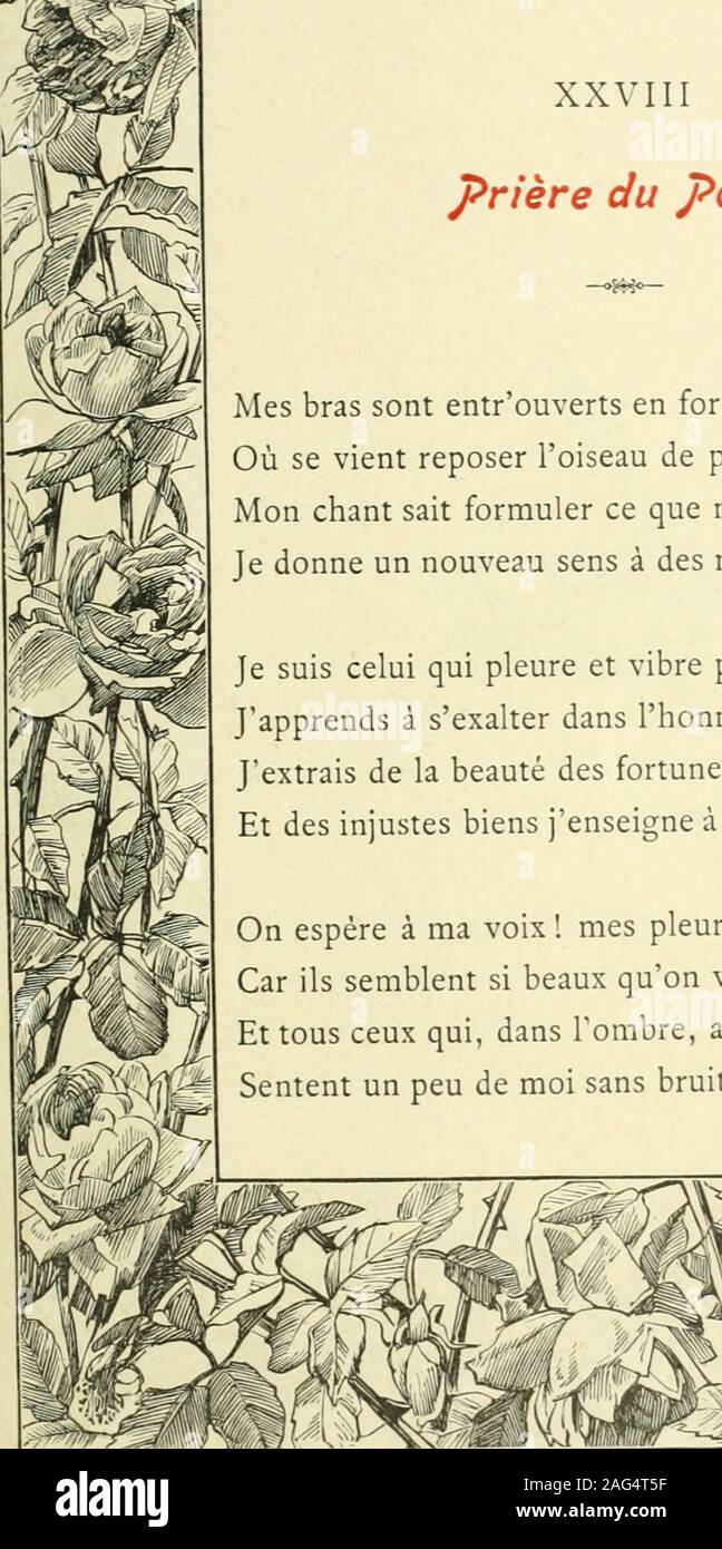 . Prières de Tous, huit dozzine d'onu rhythmique chapelet. Dessins de Madeleine Lemaire. XXVIII prière du poèie Mes bras sont entrouverts en forme dune lyreOù se vient reposer loiseau de paradis ;Mon chant formuler sait ce que nul na su direJe donne onu nouveau sens à des mots déjà dits,. Je suis celui qui pleure et vibre pour ses frères,Japprends à sexalter dans lhonneur de souffrir,Jextrais de la beauté des fortune contraires,Et des biens injustes jenseigne à se guérir. Su espère à ma voix! Mes pleurs mêmes consolent.Car ils semblent si beaux quon veut aussi pleurer !Et tous ceux qui, dans l Foto Stock