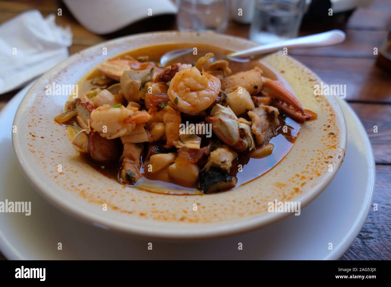 Stufato di pesce/zuppa (mariscos) al ristorante, San Jose del Cabo, Baja California Sur, Messico. Foto Stock