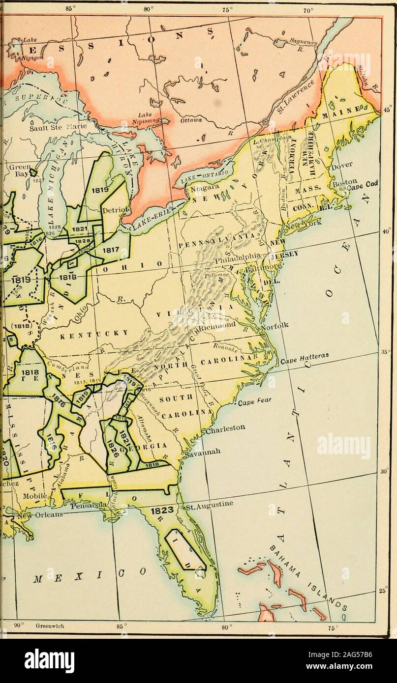 . Aumento della nuova West, 1819-1829. ho826] Reazione costituzionale 311 del trattato. Benché il trattato aveva dato theCreeks fino a settembre, 1826, liberare, GovernorTroup informato Gaines generale, che era stato inviato per il mantenimento della pace, che, come esistevano due inde-parti pendenti alla questione, ciascuno è consentito todecide per se stessa, e ha annunciato che il linewould essere eseguito e l'indagine effettuata. Il defiantcorrespondence che ora ne seguì tra il gov-ernor e il reparto di guerra senza dubbio reflectedthe personal hot-ragionevolezza della Troup stesso, butGeorgia supportato il suo governatore e reso Foto Stock