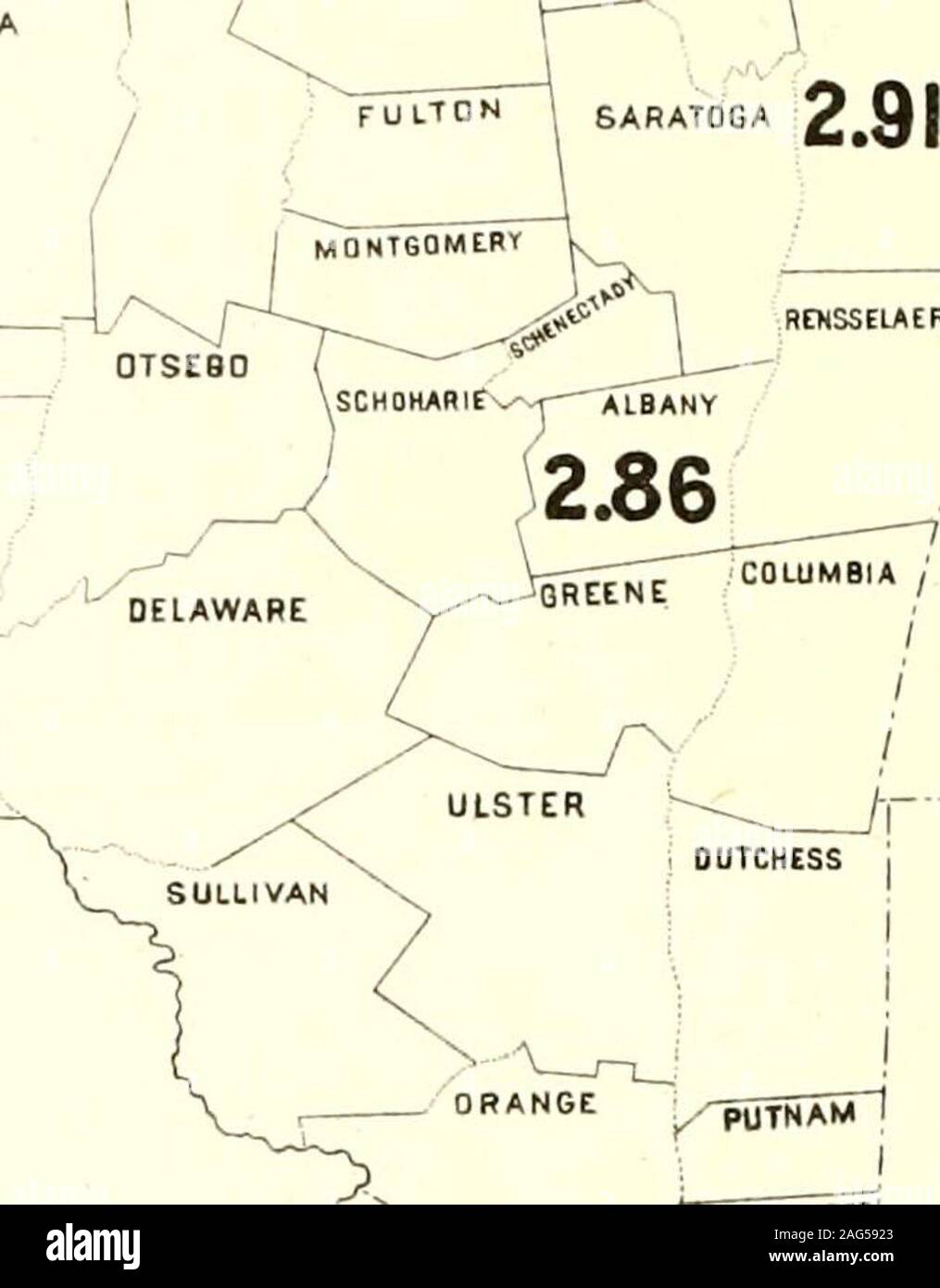 . Censimento della popolazione dello stato di New York per il 1875. Ho TIOGA ?%^ Mappa No.I. J/i^ /iffiire.v in carJi fonfi/i/ s/wif ir/iaf pe?- centofits /jopuftitrorr nf f^e crn^vu.s o/ /S/S, !fa.vhor/i se; faiioffa.-.3/apJo. /Confriins fhe /SCounties- o/tlie IA&LT;/^fsf rmiJ,- jfi rr.spfrt a tAjs/)i/-feri/rr^f, So.^f/ie /Sriesxf in ra7iA-,i{-c.. Contee. 1 Per Ct. Clinton, 1 16.53 franklin, 2 13,83 St Lawrence, 3 10,24 Essex, 4 6.72 Jefferson, 5 6.62 Oswego, 6 4.76 Niagara 7 4,75 Monroe, 8 J.58 Hamilton, 9 3.22 Lewis, 10 3,15 Warren, U 2,95 Washington, 12 2,91 Albany, 13 2,86 Erie, 14 2,79 Orleans, 15 2.27 !N-A^- Foto Stock