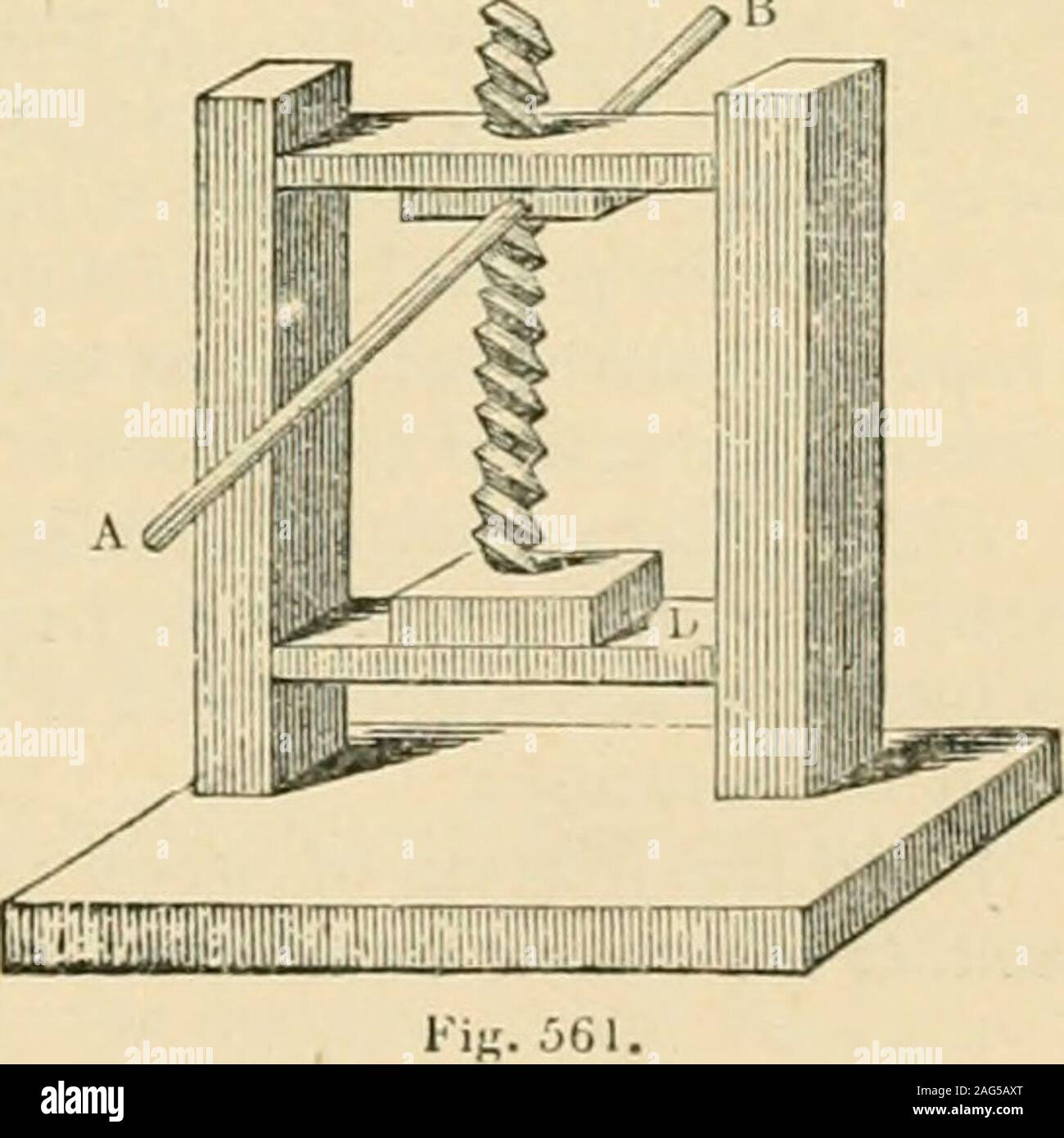 . Un'enciclopedia di architettura, storico, teorico e pratico. Nuova ed., rev., porzioni riscritto e con aggiunte da Wyatt Papworth. ter della potenza, 4 piedi o 48 pollici ; la sua circonferenza,pertanto, 48 x 3-141 6, o 150i quasi ; e la distanza ofii:c fili essendo un quarto di pollice, la potenza è lacoppia di pressione come da 1 a 60;5l. Ma l'])otenza è e(|ual a 150libbre; tlierefore, come 1 : 6034;: 150 ; 90480 e la pres-assicurarsi quindi a D è pari a un peso di 90480 libbre, indipendente di attrito. 1328. Nella vite senza fine AB (ji;/. 5(&GT;2.), girato da una maniglia AC di 2 Foto Stock