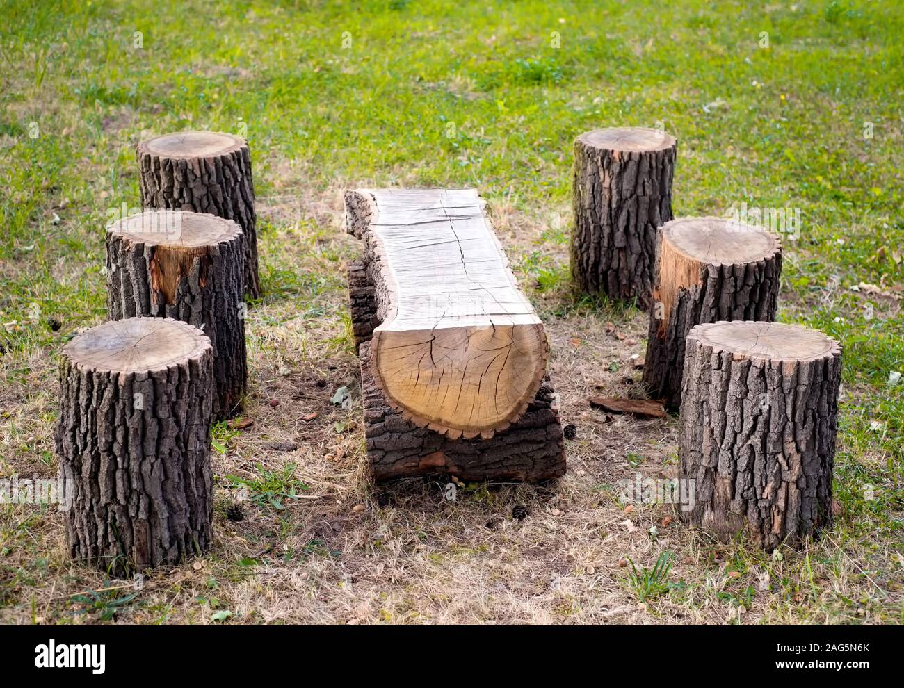 Tavolo in legno e sgabelli realizzati da albero logs all'aperto Foto Stock