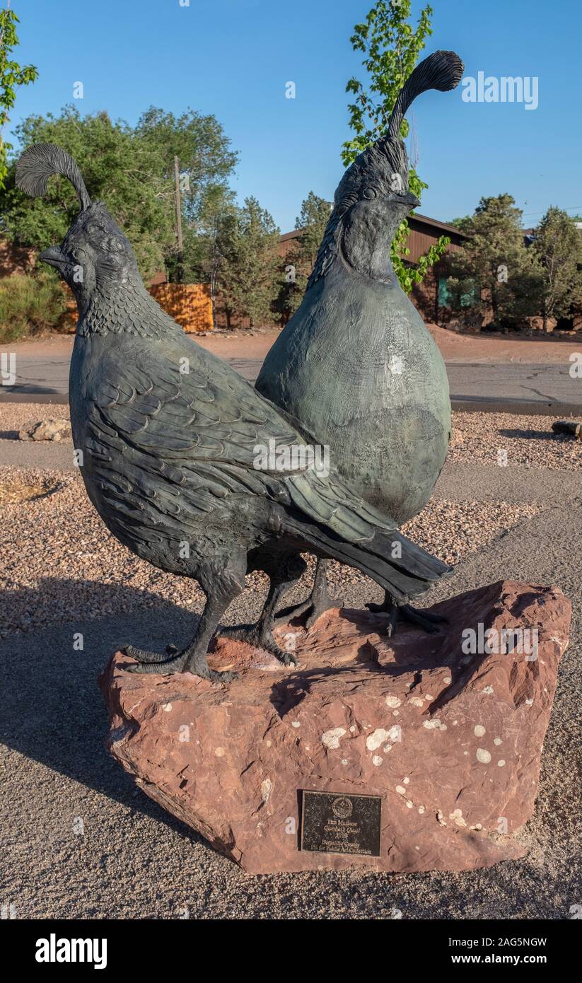 Arte pubblica scultura da Tim Mullane: 'Gambel's Quaglia (2019)' in vista del cielo Park, Corrales, Nuovo Messico Foto Stock