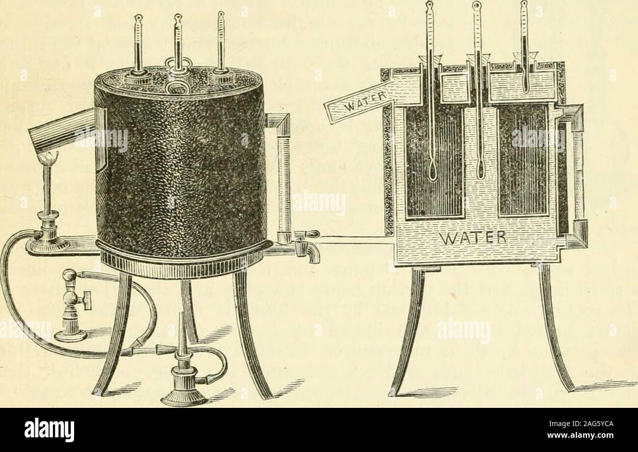 . Un trattato di colera asiatico. Fig. 11.-i recipienti e coperchi per patata-culture. Al fine di solidificare. il siero viene quindi riscaldata fino a 159° F., non anyhigher affinché non diventa torbida, e viene quindi versata in tubi di prova come a preventa ampia superficie inclinata esposta all'aria. I disegni illustrano diagrammi Kochs apparecchiatura per la sterili-zation di sangue-siero. Esso è costituito da un doppio cilindro fatto di sheetcopper e dotato di un coperchio di cava. Il cilindro viene riempito a metà withwater, il coperchio liollow analogamente contiene acqua. Il coperchio è dotato di tre openingsinto che termometri sono dotati. Uno Foto Stock