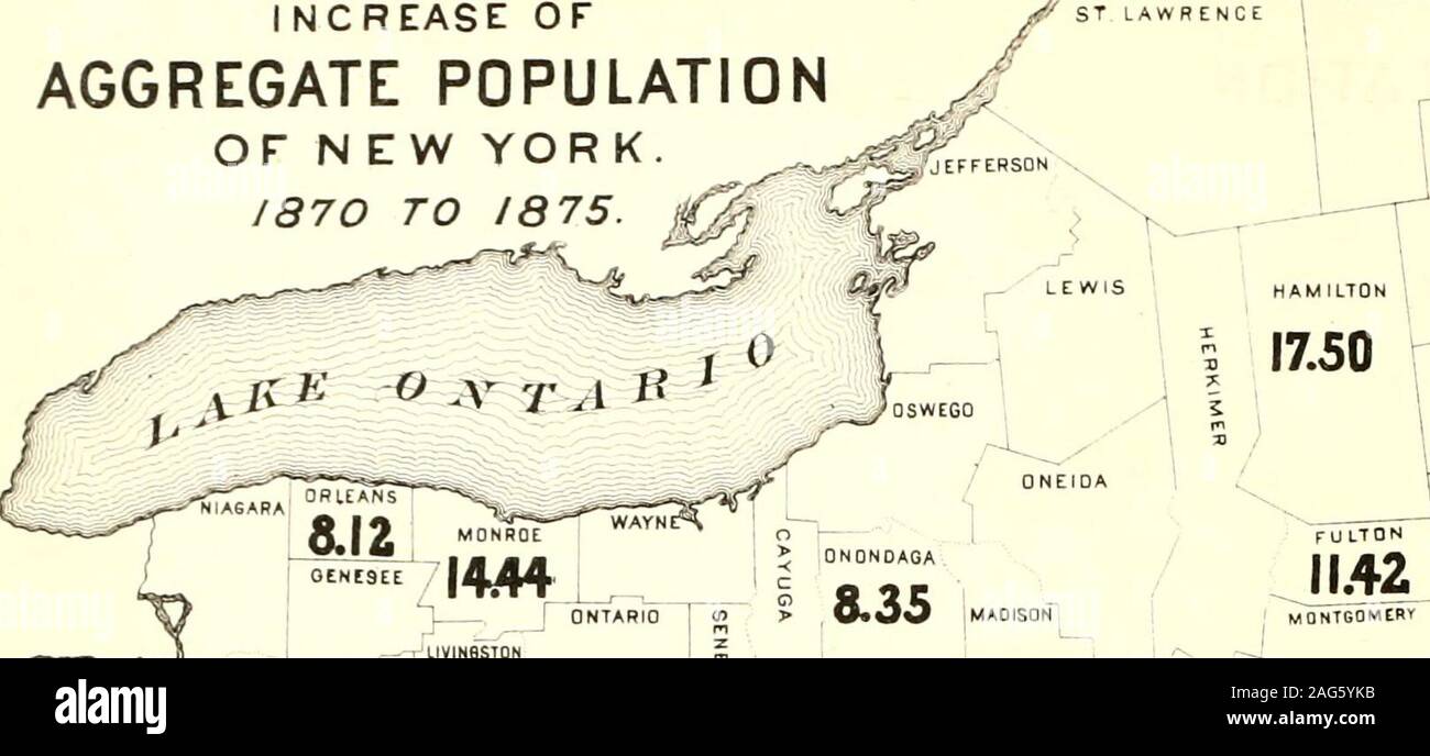 . Censimento della popolazione dello stato di New York per il 1875. 75. Stato, tra ciascuno dei censimenti, 1845-1875. 1870 1865 i860 ?855 1850 1845 per per per per per per intervallo. 1875. 1870. 1865. i860. 1855. 1850. Anni e anni e anni e anni e anni e anni, 5- 5. 5. 5- 5- 5- un effettivo aumento 258,894 336.881 28,070 333,262 104,728 =34,544 tasso di aumento per cento 7 98 11,59 0.97 13.09 4.29 10,63 tasso di aumento annuo per cento 1,55 2,22 0,19 2,49 0,84 2,04 intervallo 1870 al 1875- 1865 1870. ho860a 1865. 1855 per i860. 1850 al 1855. 1845 al 1850. Anni, 5 anni, 5 anni, 5 anni, 5 anni,5- anni,5. Aumento effettivo Foto Stock