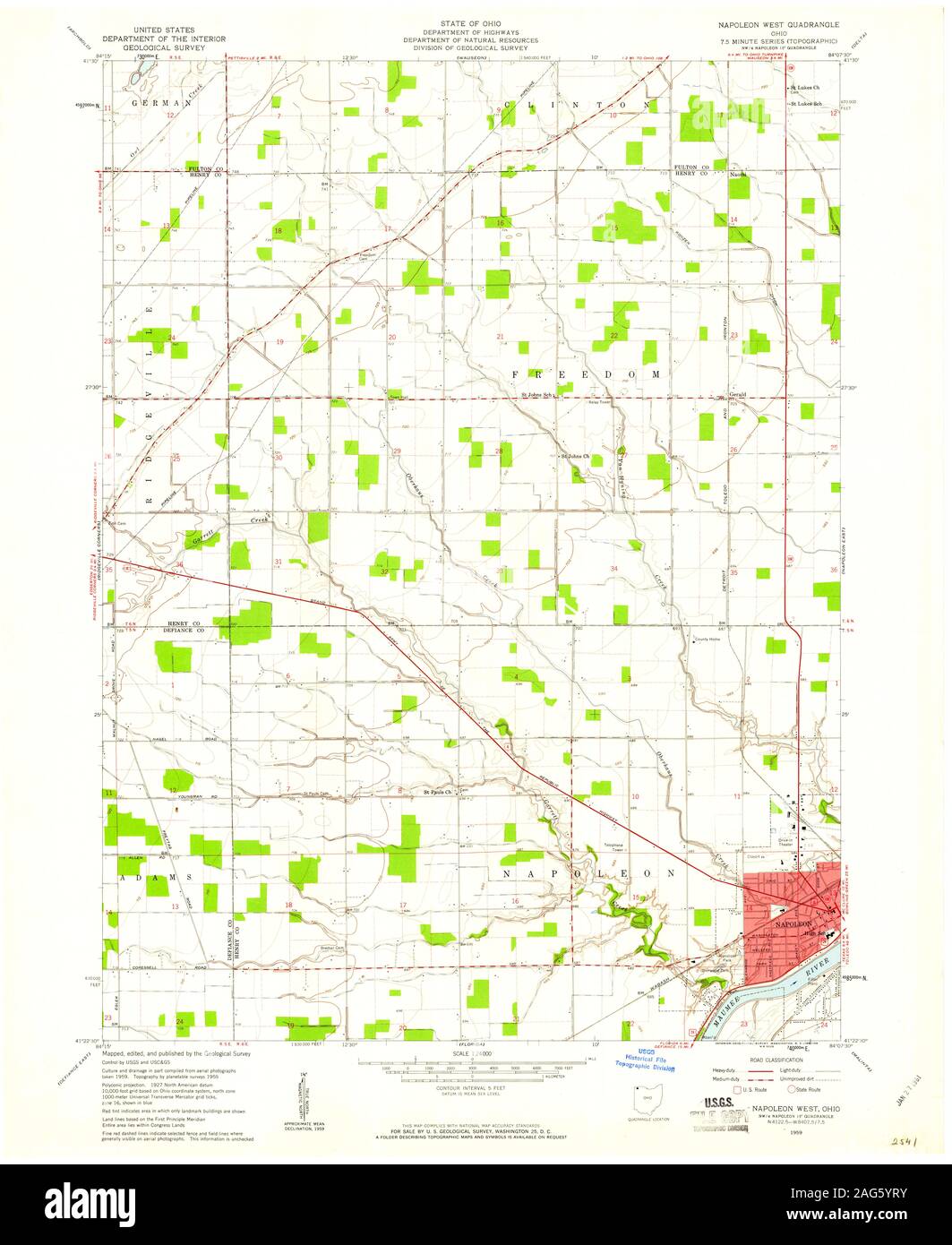 USGS TOPO Map Ohio OH Napoleone West 227575 1959 24000 Restauro Foto Stock