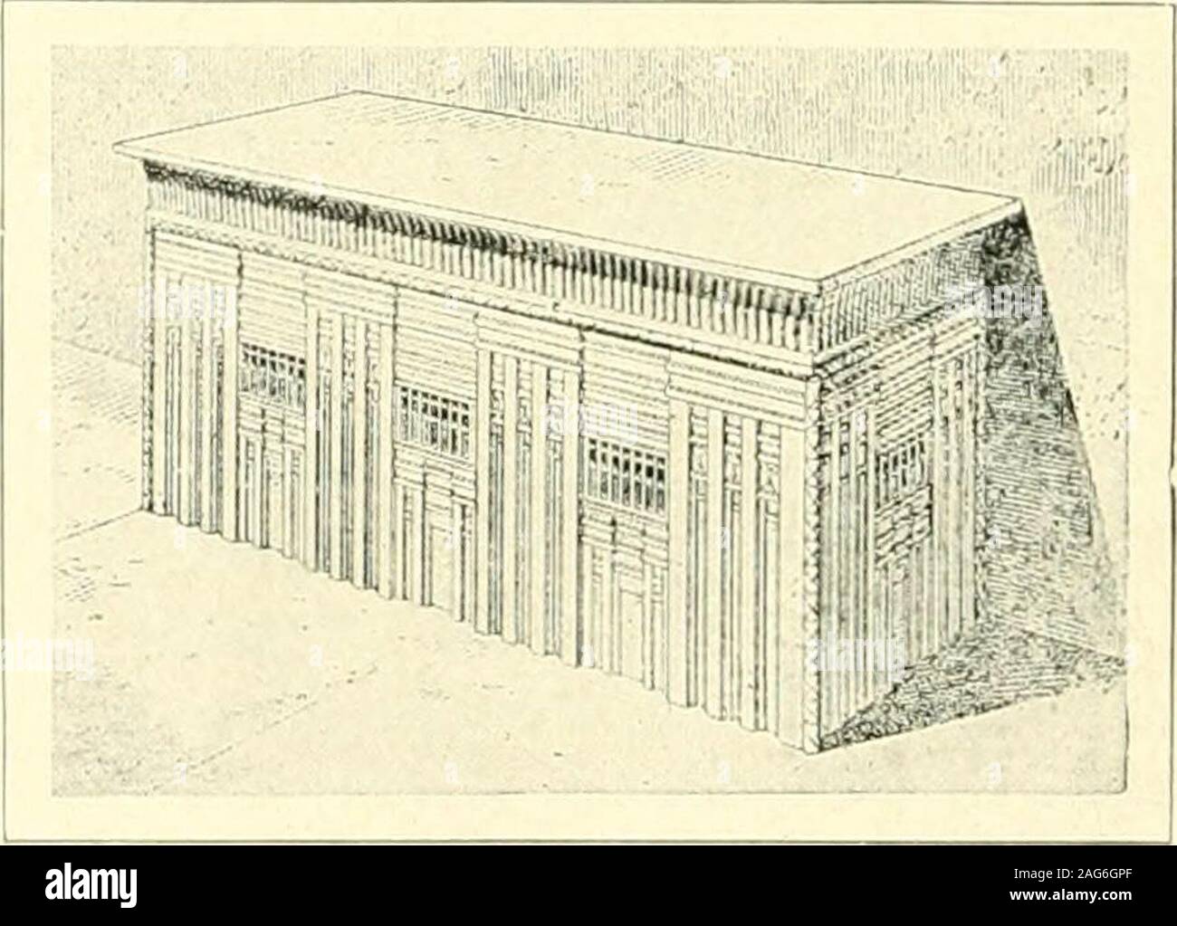 . Egypte. FiG. 42. - Sarcophage m-: Kuoufoliênékhi.(Musée du Caire.) (cliché E. Brugsch.) Larchitecture nous est surtout connue par les tombeaux. Lesmaisons privées, bâties en briques sèches, puis modifiées ou rem-placées sans cesse pour la commodité de leurs habitants, nont laisséque des pentole de murs informes dans les divani profondes des villesactuelles. Les palais, construits en briques également, mais avecdivers éléments de Pierre aux portes et aux colonnati intérieures,n ont pas résisté davantage. Un en juger par les disposizioni exté-rieures des sarcophagesde Khoufouénékhi (fig.42) et d Foto Stock
