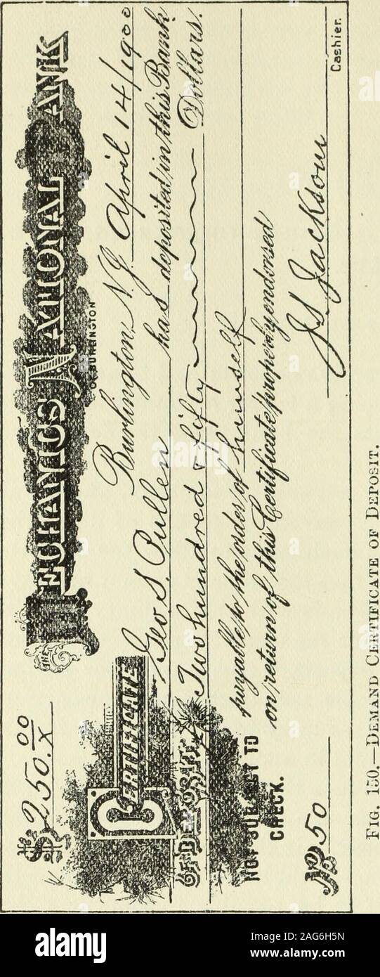 . Banking moderno metodi e pratiche contabili della Banca; illustrato con oltre duecento forme di banca libri, registri e fustellati. depositante ha il cer-tificate intestato a se stesso egli deve lasciare la sua firma sulla thebank, ma questo non è necessario se è pagabile in qualche altro.Ci sono due classi di certificati di deposito emessi-demand cer-tificates, che consentono al titolare di presentare loro in qualsiasi momento forpayment e tempo di certificati, in cui alcuni di tempo specificato è uomini-ziona. Su questi ultimi le banche generalmente pagare interessi il ratedepending spesso su la lunghezza di tempo th Foto Stock