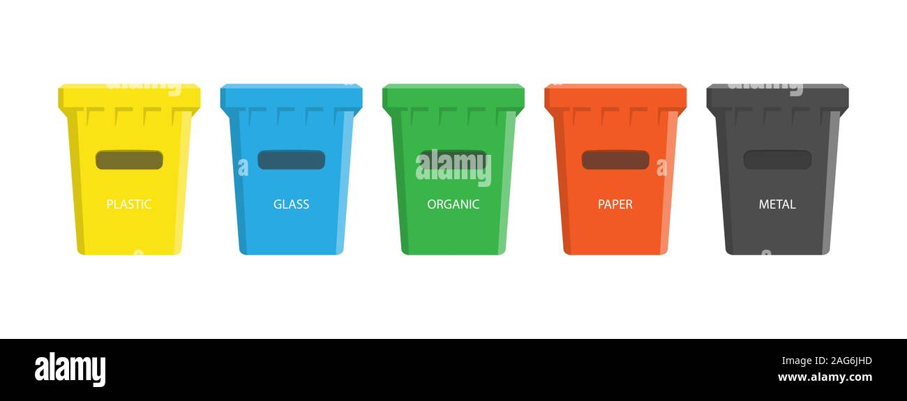 Serie di contenitori colorati con le etichette per la raccolta differenziata dei rifiuti. Ogni scatola è per diversi rifiuti. Isolato su sfondo bianco. Illustrazione Vettoriale
