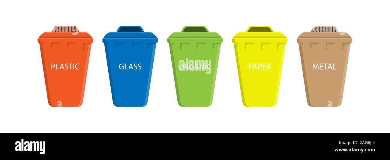 Serie di contenitori colorati con le etichette per la raccolta differenziata dei rifiuti. Ogni scatola è per diversi rifiuti. Isolato su sfondo bianco. Illustrazione Vettoriale