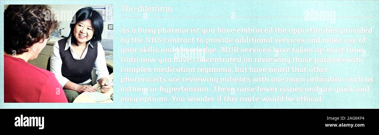 . Il chimico e farmaceutico [risorsa elettronica]. sonnolenza, fotofobia,grave cefalea generalizzata, visualdisturbance, instabilità. Lindbaek M, Hjortdahl P. La clinicaldiagnosis di purulente acute sinusitisin pratica generale - una recensione. Br Jürgen Pract 2002;52:491-5. Hai un'idea per un scenario PracticalApproach o sarebbe youlike per scrivere uno? Email yoursuggestion: haveyoursay@chemistanddruggist.co.uk 18 Farmacia speziale 28.08.10 CPD CLINICA DI ZONA DI PRATICA PROFESSIONALE carriere professionali ^ 16 feed Sip ? 19 MUR etica f 20 infortuni e malattie f 22 errori di erogazione se 25 Pensione di questo s Foto Stock