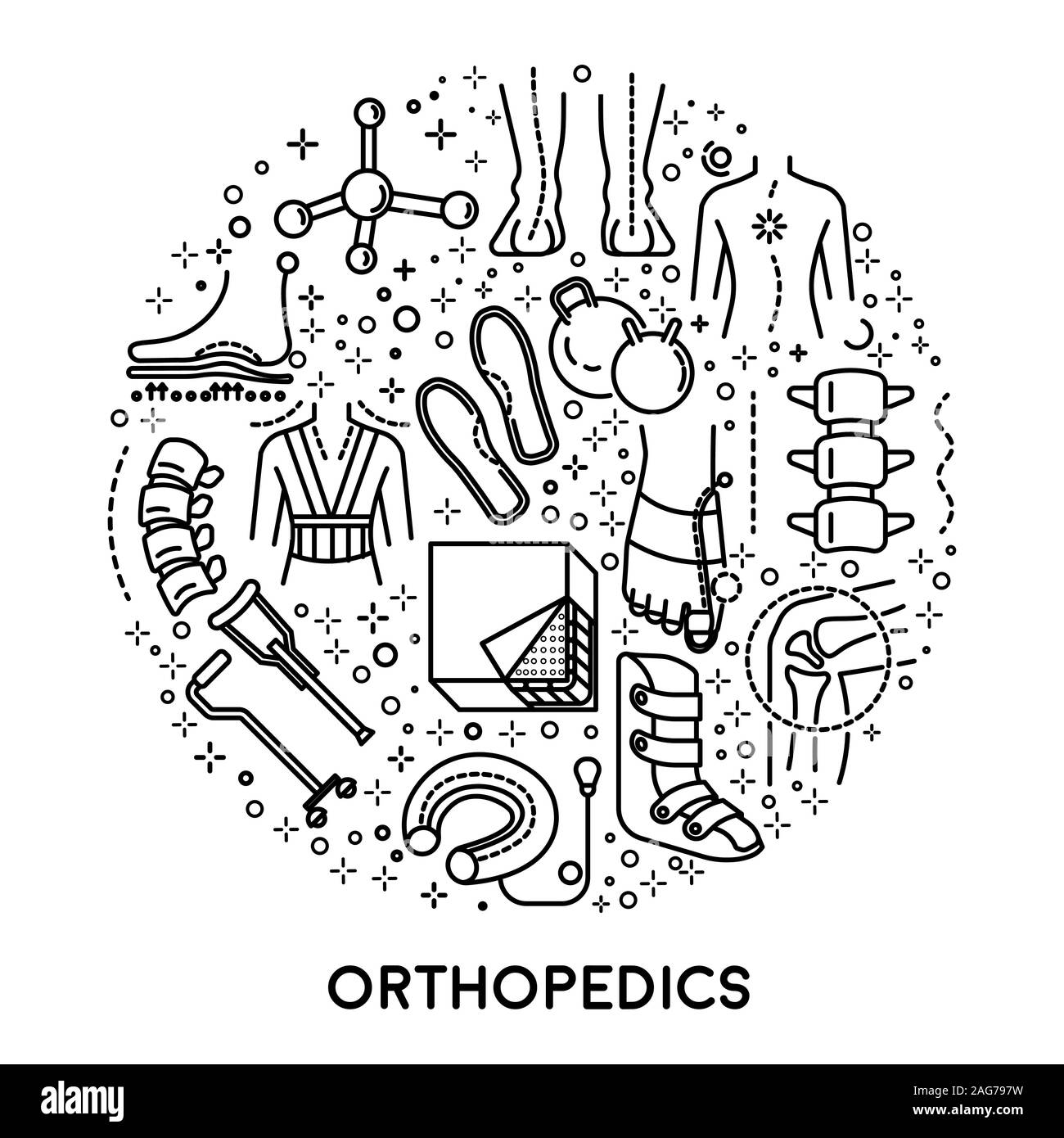 Ortopedia icone lineare insieme di raccolta in cerchio Illustrazione Vettoriale